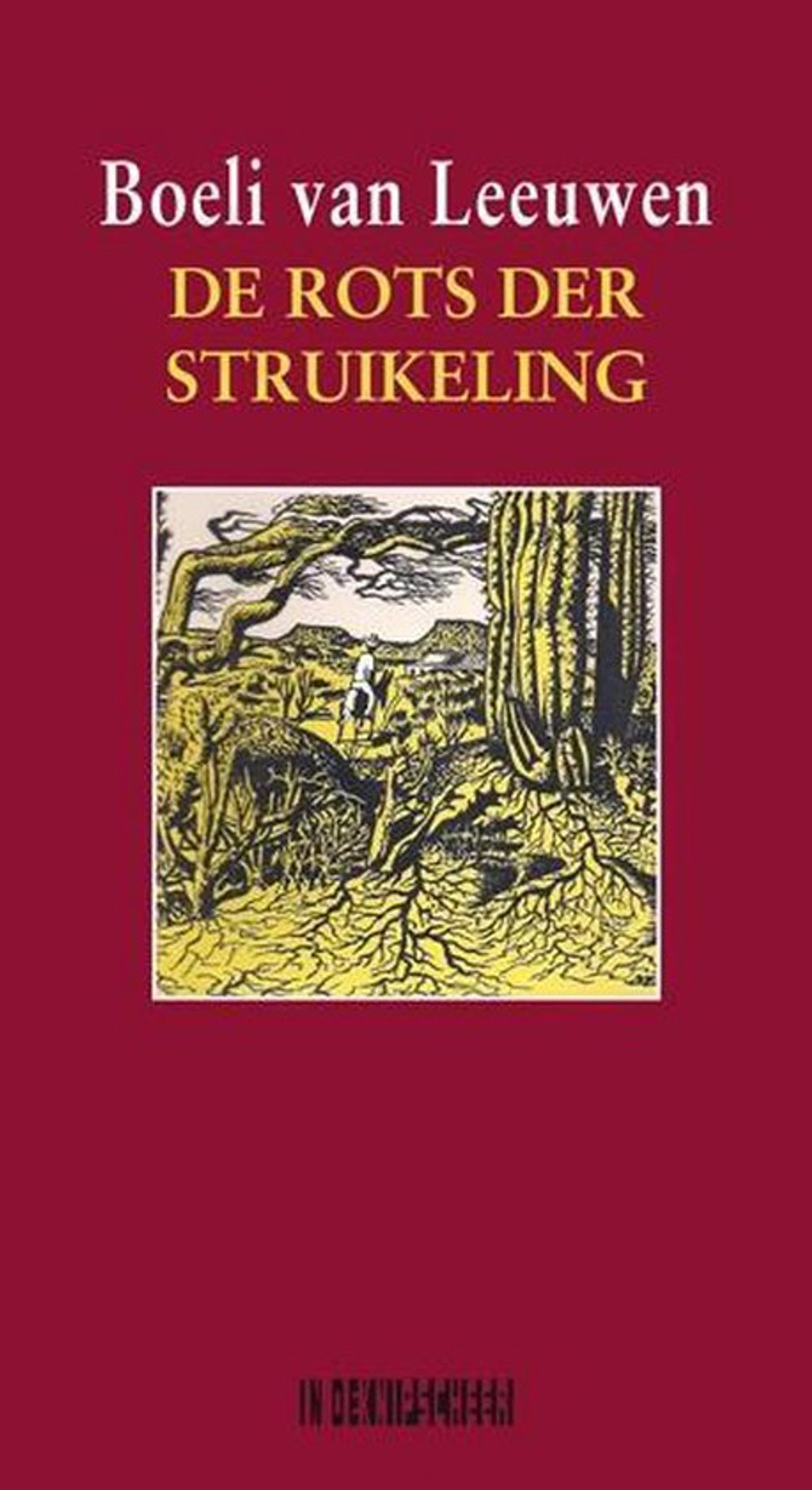 Boekcover van 'De rots der struikeling' door Boeli van Leeuwen: rode achtergrond met kleine afbeelding van een landschap of stenen structuur in het midden boven de titel.
