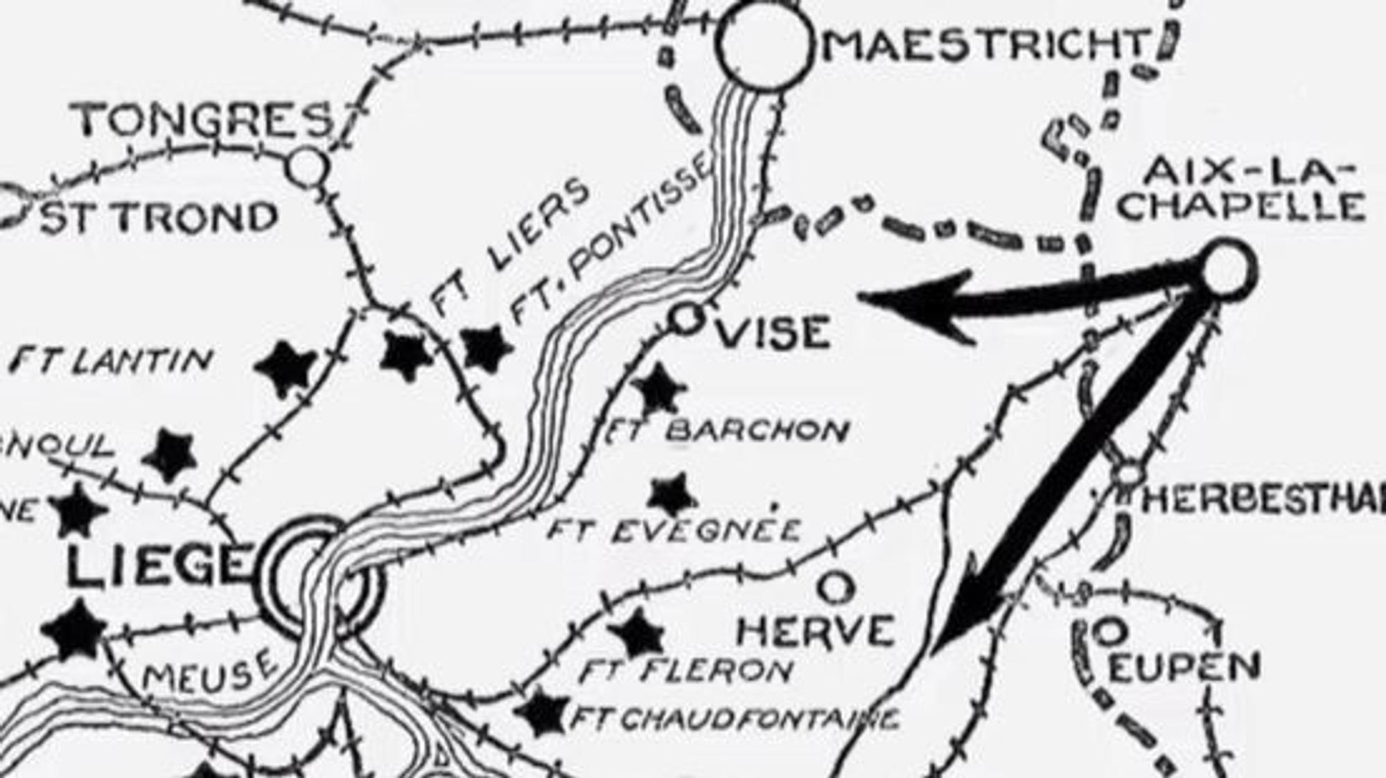Historische militaire kaart van de omgeving rond Luik, met vestingwerken zoals Fort Liers en Fort Barchon, en pijlen die een aanval vanuit Aken richting België aanduiden. Plaatsen als Maastricht, Vise, en Eupen zijn gemarkeerd.