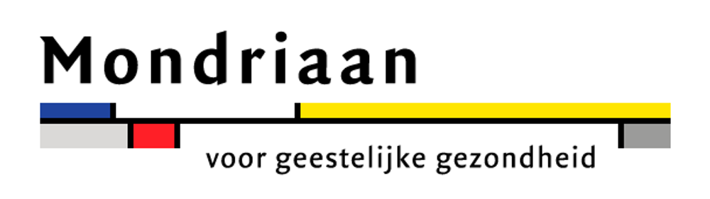 Logo met de tekst “Mondriaan, voor geestelijke gezondheid” en daarboven of ernaast horizontale balkjes verdeeld in de kleuren blauw, geel, wit, grijs en rood.
