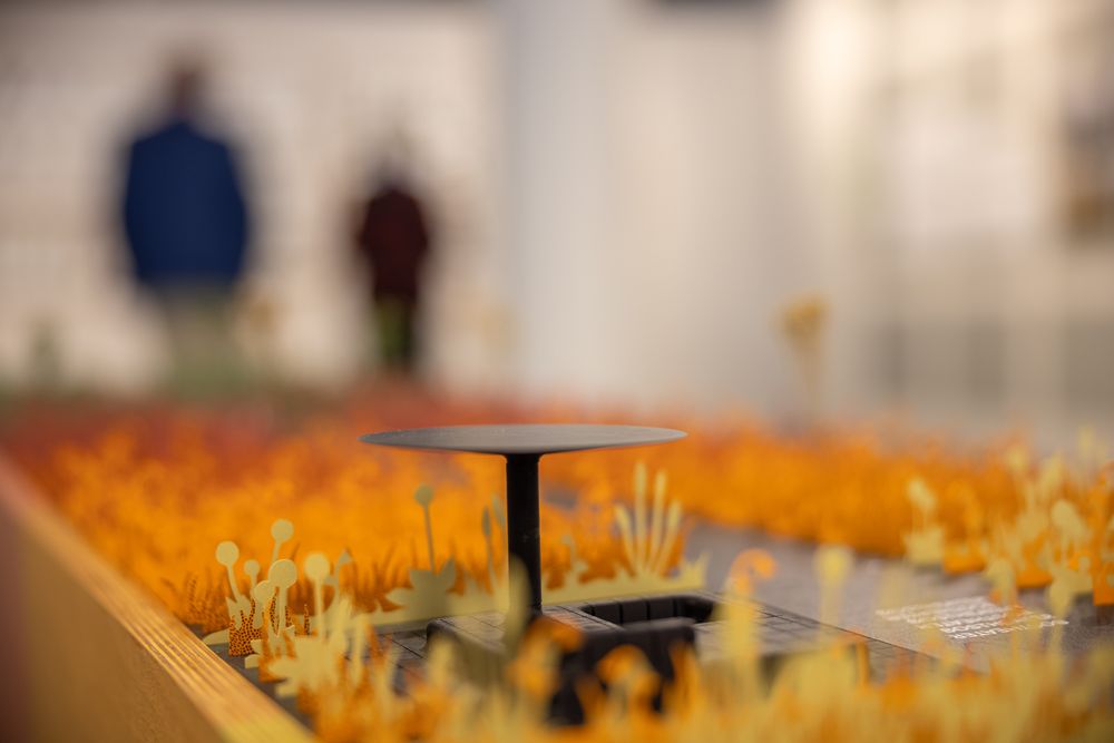 Werk Piet Oudolf en LOLA, maquette met klein tafeltje omringd met oranje planten.