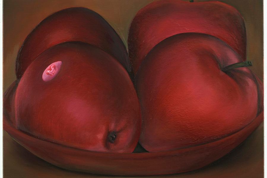 Schilderij van twee grote rode appels op een schaal, met glanzende huid en diepe roodtinten