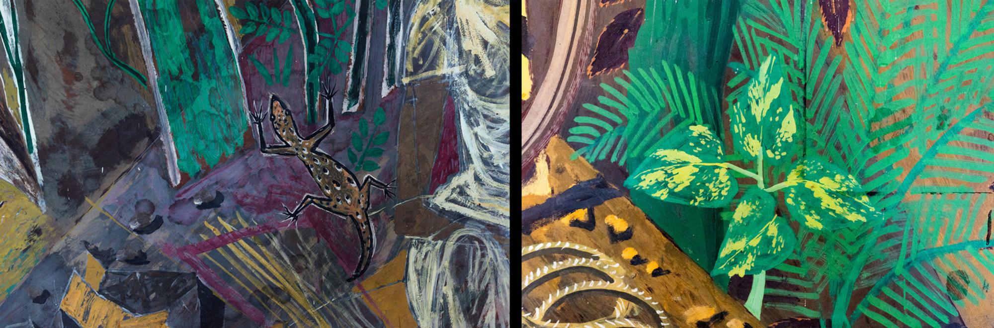 Geschilderd detail met hagedis op een donkere ondergrond met bladeren, stenen en abstracte vormen. en geschilderd detail met felgroene bladeren, decoratieve motieven en fragment van een houten sculptuur.