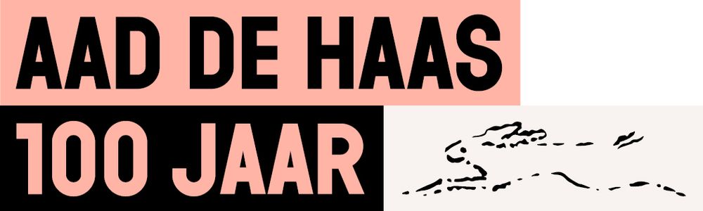 Logo met zwarte tekst “Aad de Haas” op een roze vlak, daaronder roze tekst “100 jaar” op een zwart vlak. Rechts of erbij staat een illustratie van een haas.
