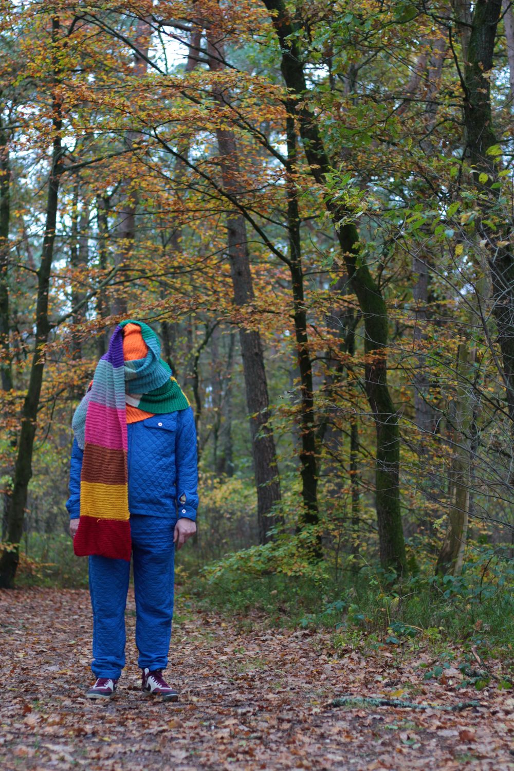 Man in blauwe jas en broek met een gekleurde gebreide sjaal om zijn hoofd en nek gewikkeld. Hij staat in het bos.