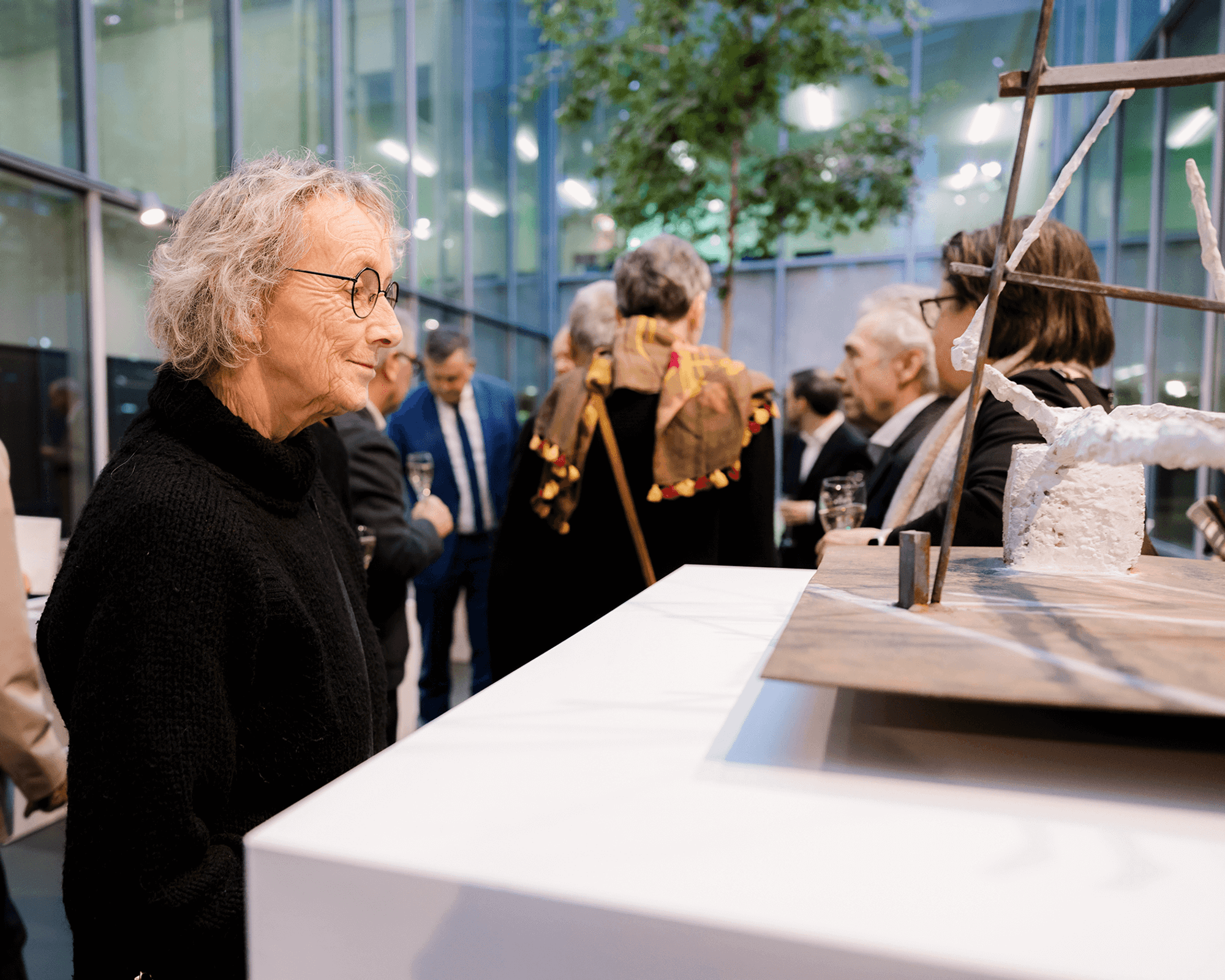 Een vrouw kijkt naar het originele sculptuur Ladder tegen de Maan van Nic Tummers.