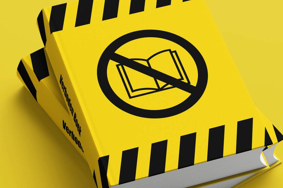 Een felgele boekomslag met zwart gestreepte randen en een pictogram van een doorgestreept boek symboliseert verboden literatuur.