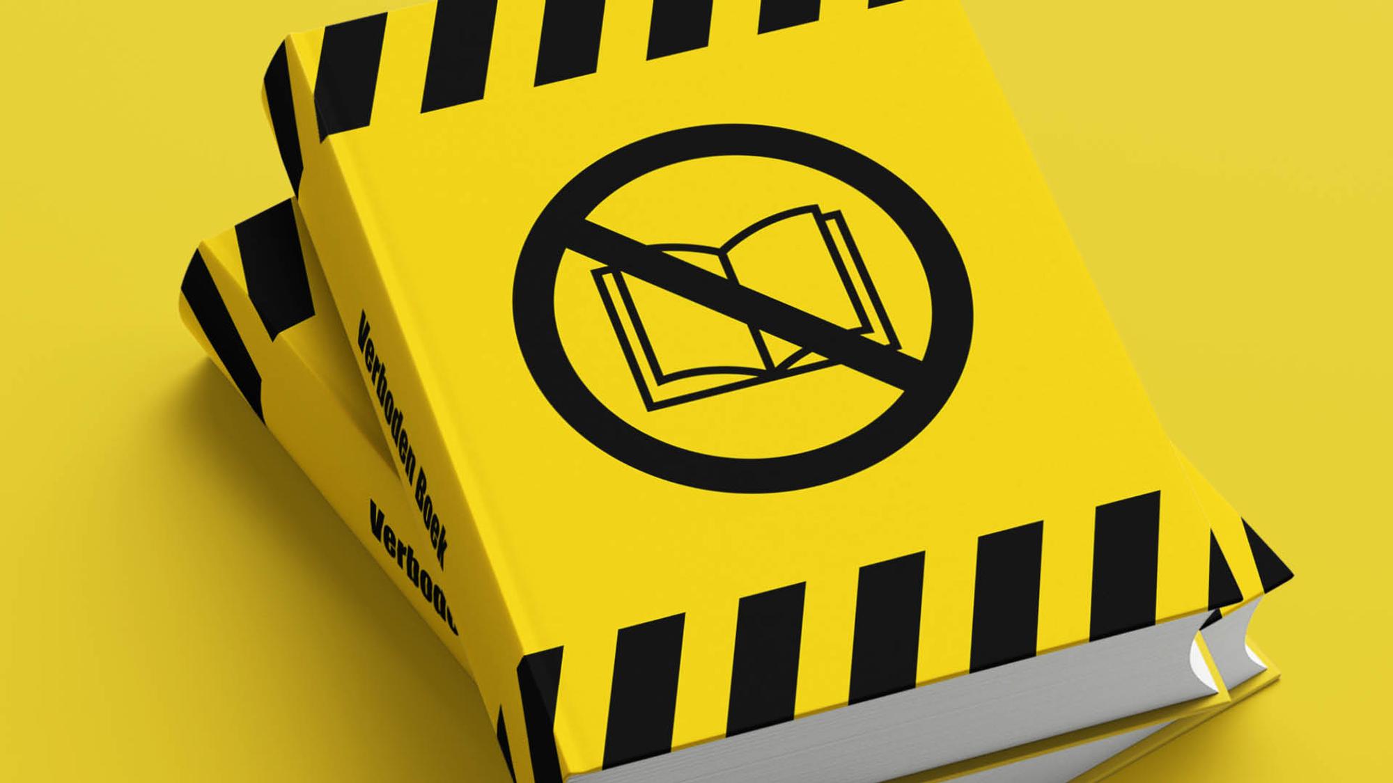 Een felgele boekomslag met zwart gestreepte randen en een pictogram van een doorgestreept boek symboliseert verboden literatuur.