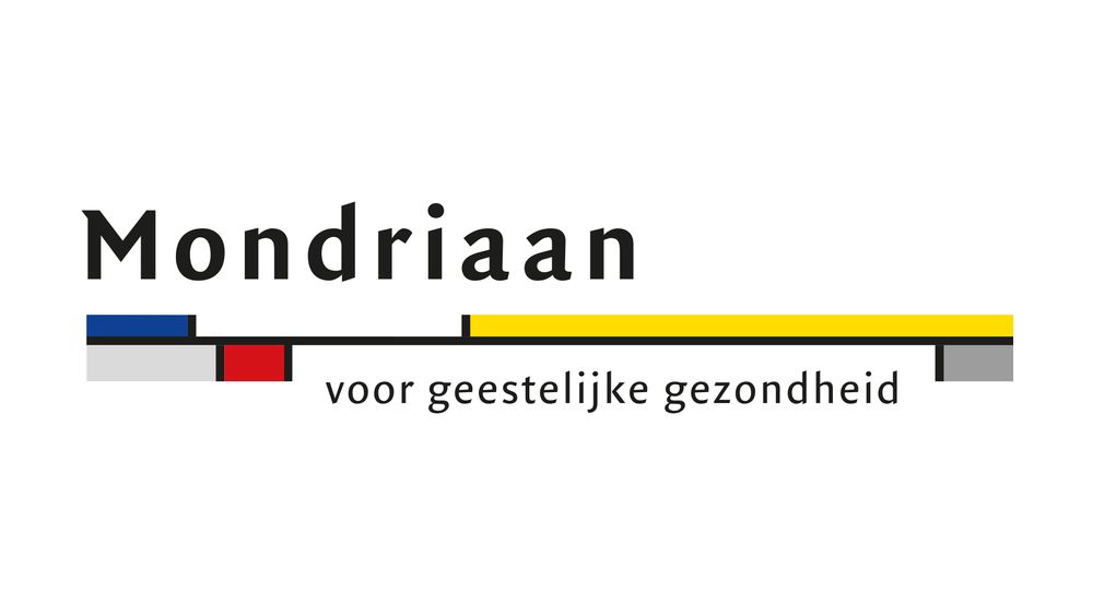 Logo met de tekst “Mondriaan, voor geestelijke gezondheid” en daarboven of ernaast horizontale balkjes verdeeld in de kleuren blauw, geel, wit, grijs en rood.