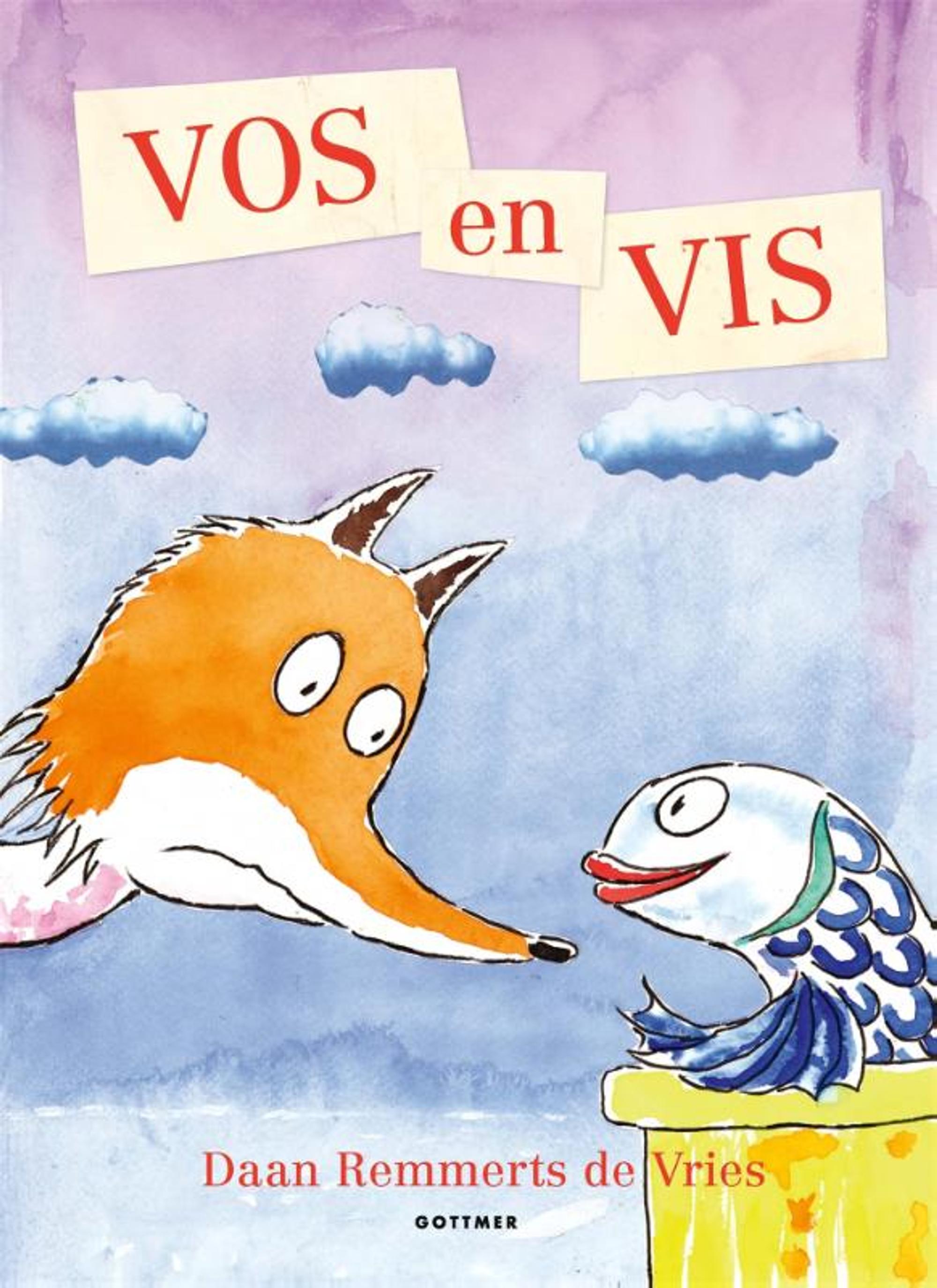 Boekomslag van "Vos en Vis" met een tekening van een vos en een vis die elkaar aankijken, omringd door een blauwe lucht met wolken. De titel is in grote letters bovenaan het boek weergegeven.