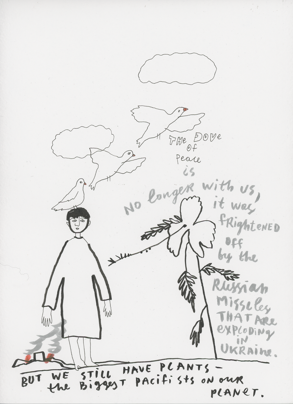 Getekende illustratie van een persoon, drie vliegende duiven, een bloem en een rokende ruïne. Tekst op de tekening verwijst naar de vredesduif die is weggejaagd door Russische raketten in Oekraïne, met de boodschap dat planten de grootste pacifisten op aarde zijn.