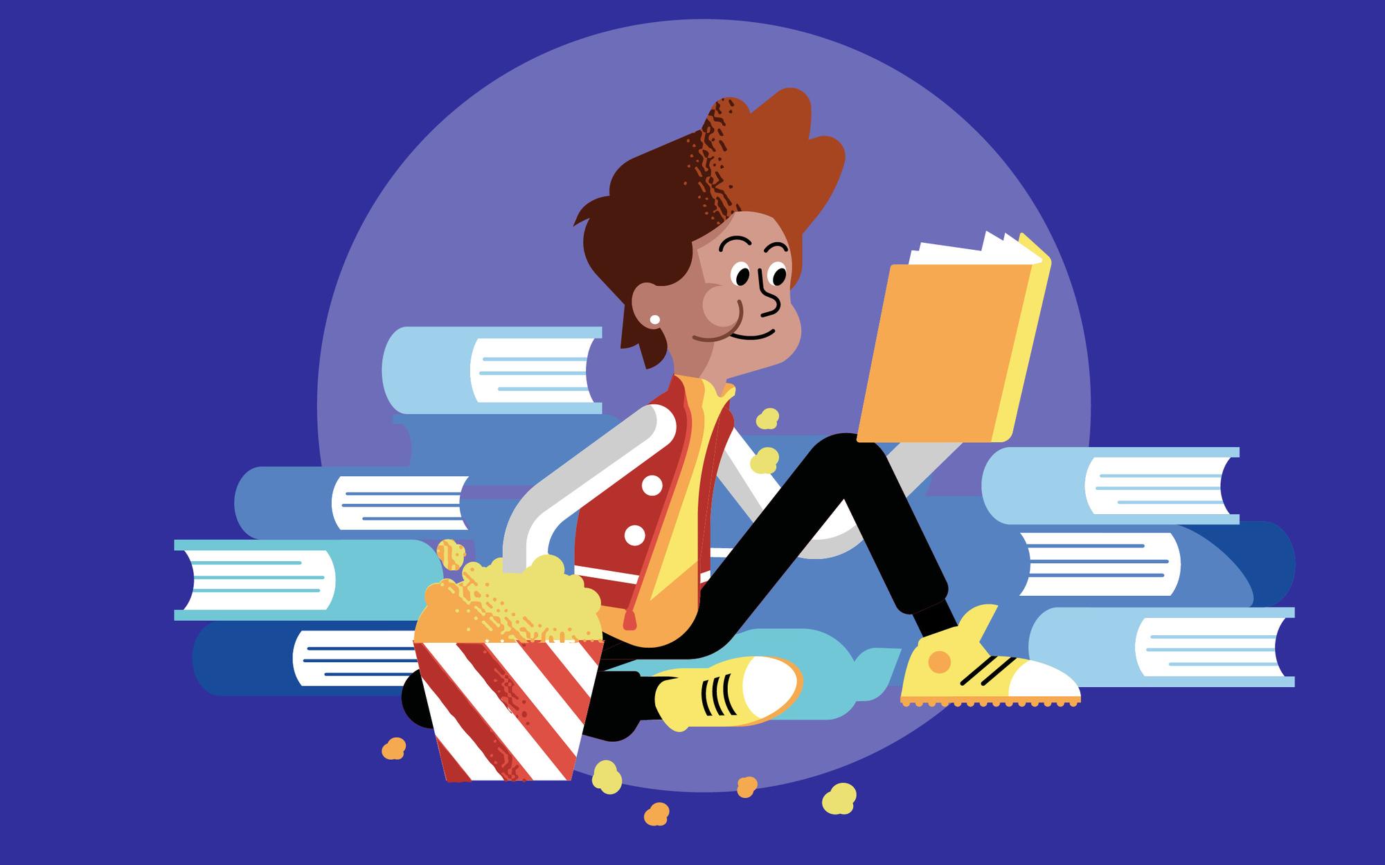 Een illustratie van een vrolijk kind dat ontspannen een boek leest, zittend tussen stapels boeken met een bak popcorn op schoot.