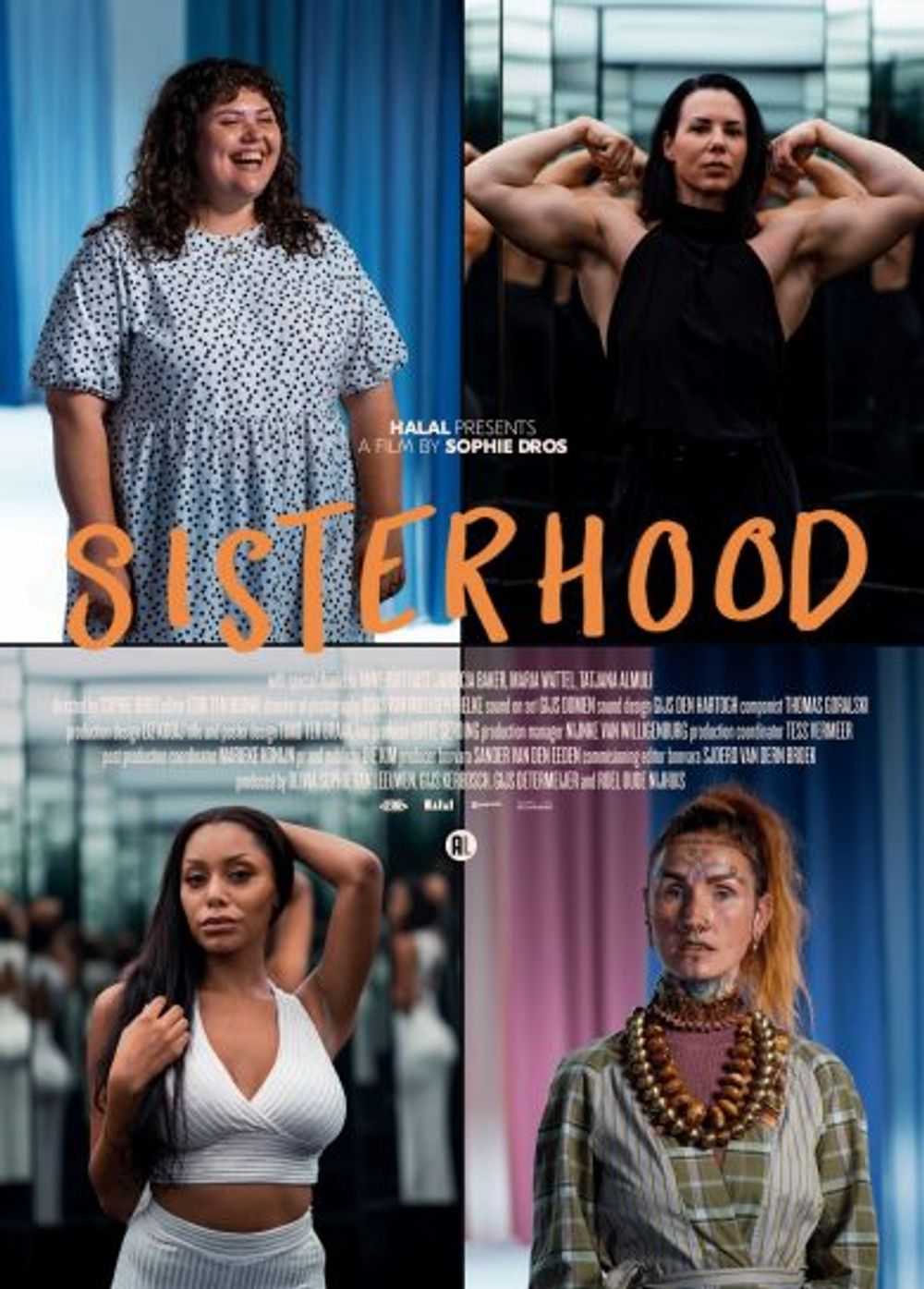 Filmposter SISTERHOOD, vier verschillende portretten van vrouwen en titel van film. 