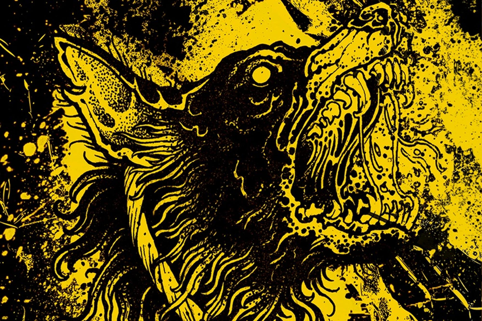 Artistieke illustratie van een wolf of hond met open bek in een agressieve of huilende houding, uitgevoerd in zwart en geel met gedetailleerde lijnen en spettereffecten.