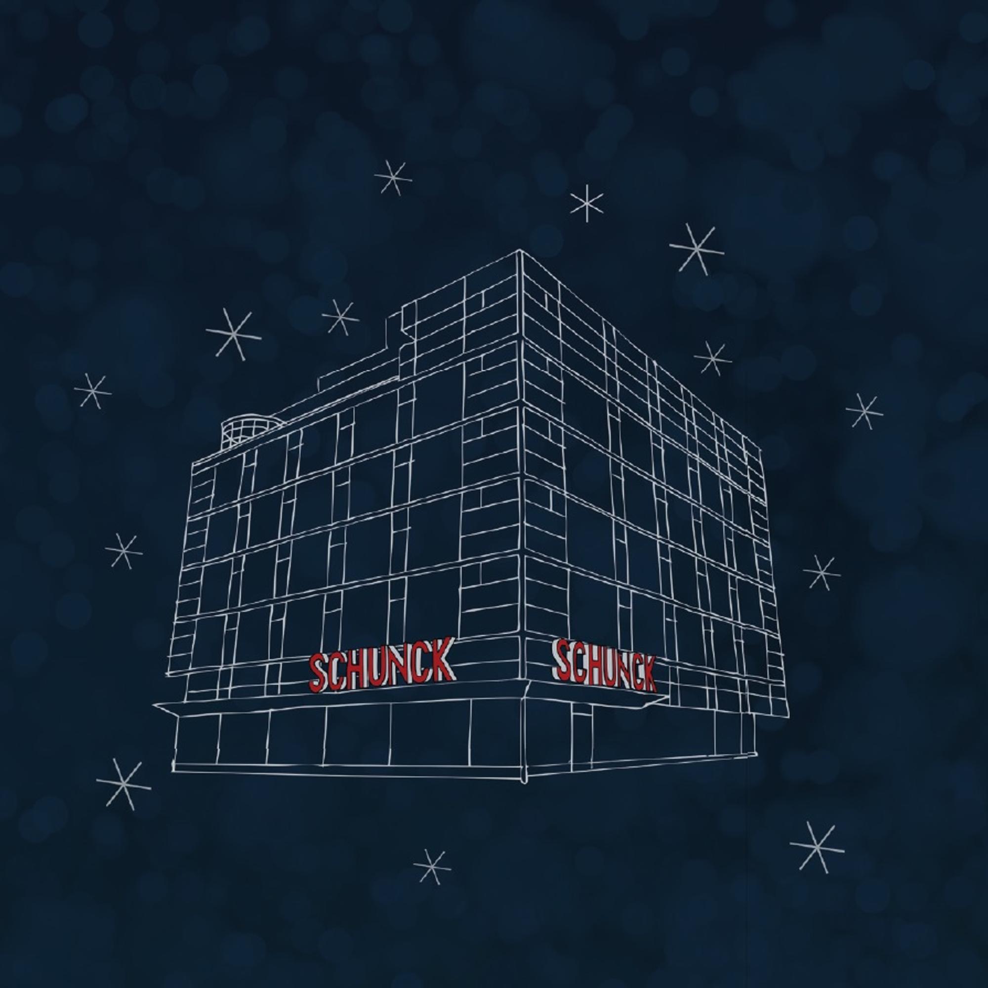 Illustratie van SCHUNCK Glaspaleis met witte sneeuwvlokken. 