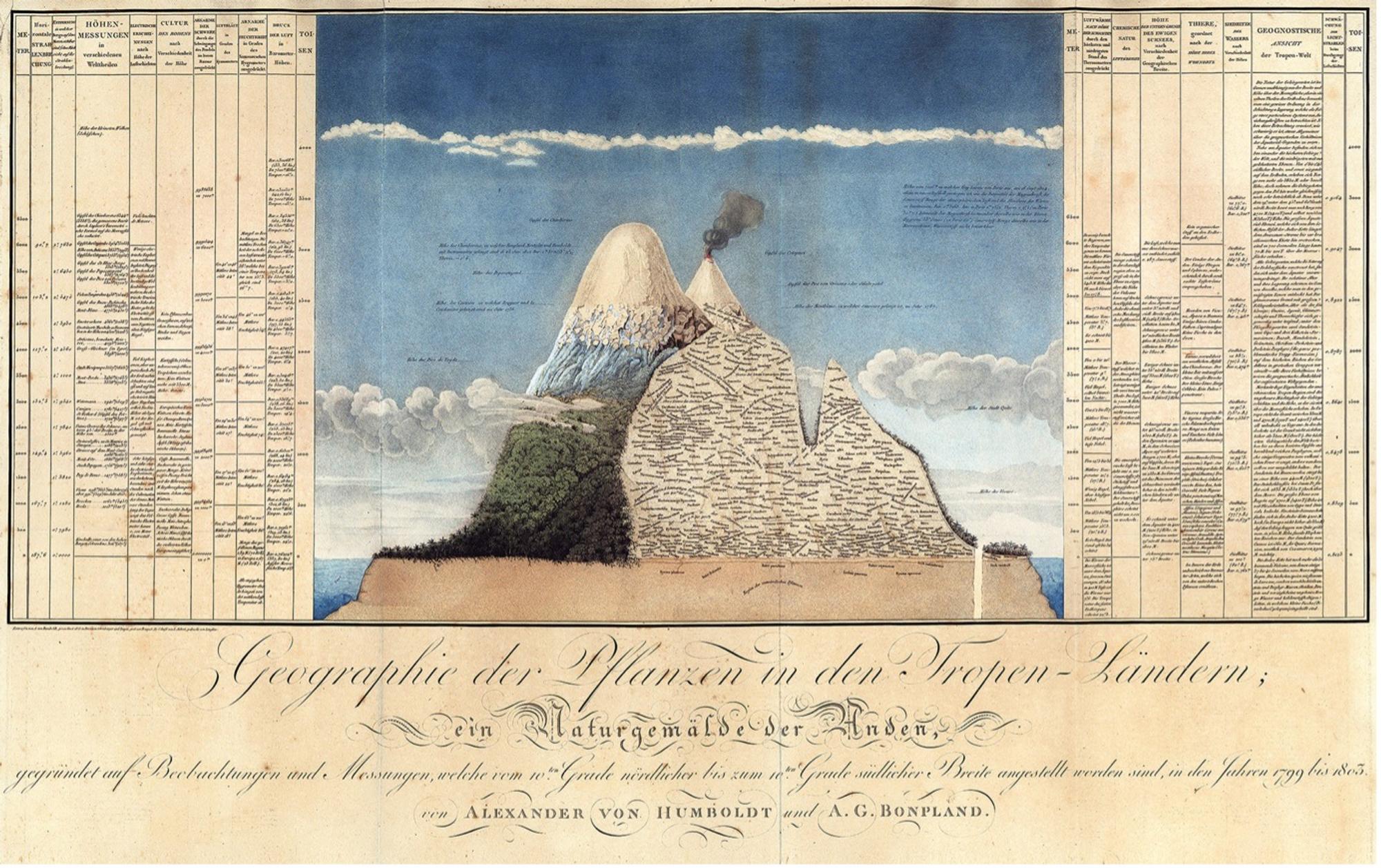 Een gedetailleerde historische illustratie van een berg met rookpluim, omringd door wolken en flankerende tabellen met tekst. De tekening toont verschillende hoogtezones met planten en landschapselementen, weergegeven in natuurlijke kleuren.