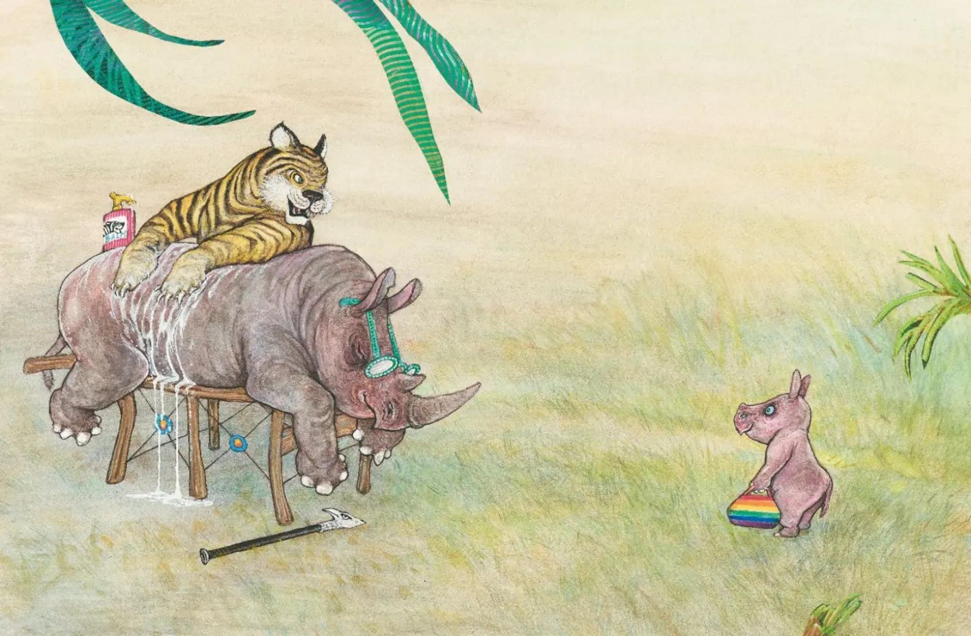 De binnenzijde van een kinderboek van Rinus de neushoorn en zijn vriendjes