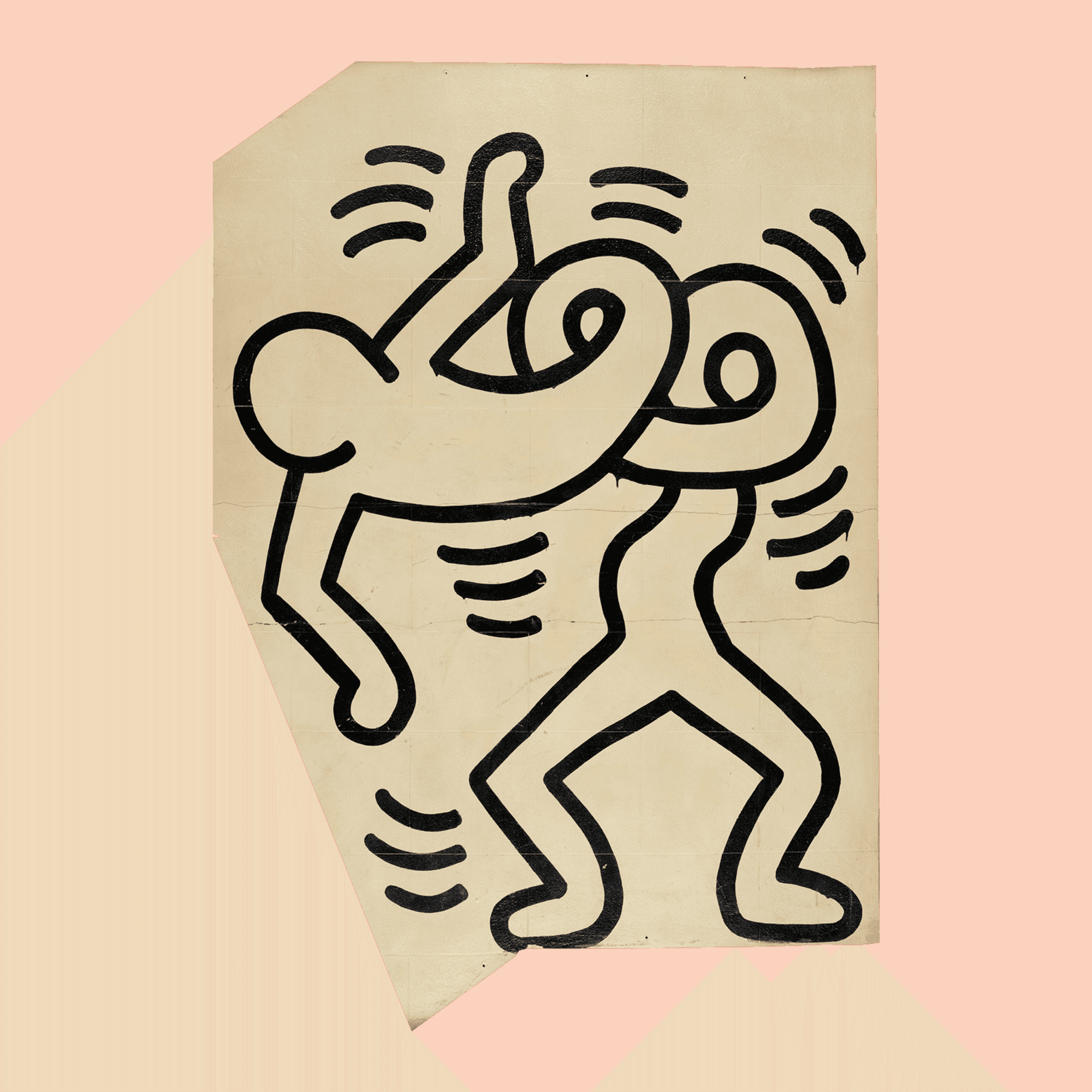 Een kunstwerk met een abstract mensachtig figuur, omlijnd in zwart op een beige achtergrond. Er zijn gebogen lijnen om het figuur heen die beweging of energie suggereren. Het kunstwerk heeft een onregelmatige vorm met een hoek die is afgesneden.