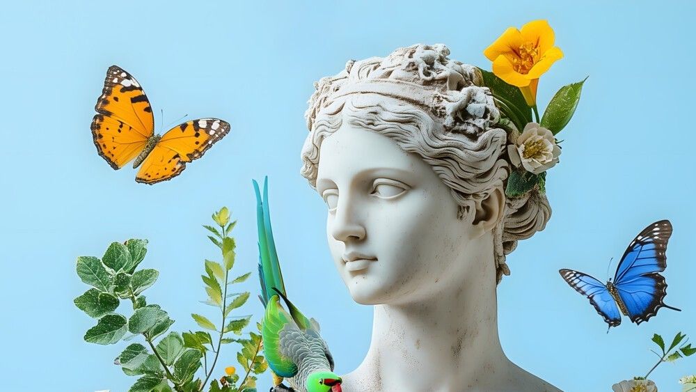 Een klassieke marmeren buste versierd met bloemen, omringd door vlinders en een papegaai. Het gezicht van de buste is vervaagd en de achtergrond is lichtblauw, wat de levendige kleuren benadrukt.