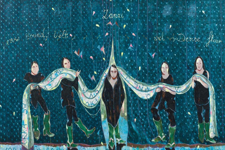 Schilderij van Keetje Mans met meerdere figuren die samen een lange, slingerende doek vasthouden tegen een donkerblauwe achtergrond.