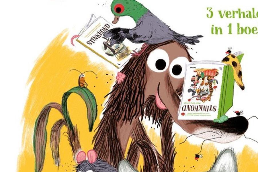 Vrolijke illustratie van de slungelige hond Stinkhond, omringd door dieren die allemaal een boek lezen. Op zijn kop zit een duif met een open boek, in zijn poten houdt de hond zelf een boek vast en een giraffe kijkt mee. Ook kleine insecten zitten op en rond hem. 
