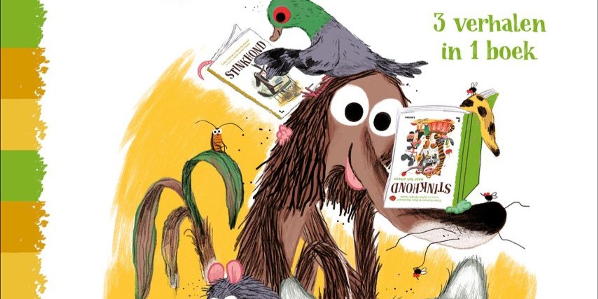 Vrolijke illustratie van de slungelige hond Stinkhond, omringd door dieren die allemaal een boek lezen. Op zijn kop zit een duif met een open boek, in zijn poten houdt de hond zelf een boek vast en een giraffe kijkt mee. Ook kleine insecten zitten op en rond hem. 