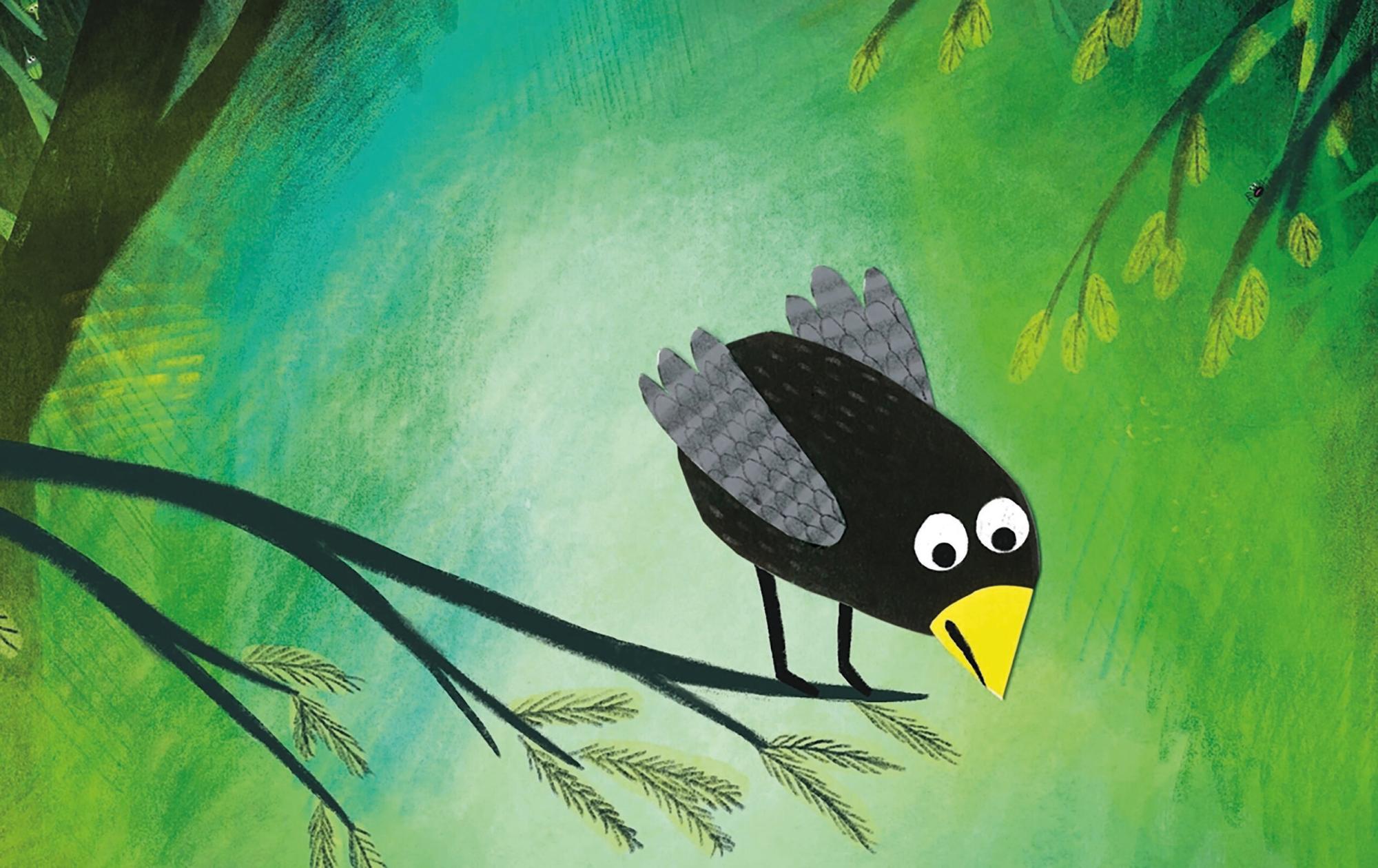 SCHUNCK26 Coco Kan Het! Boek los beeld, een illustratie van een vogel op een tak met een groene achtergrond. 
