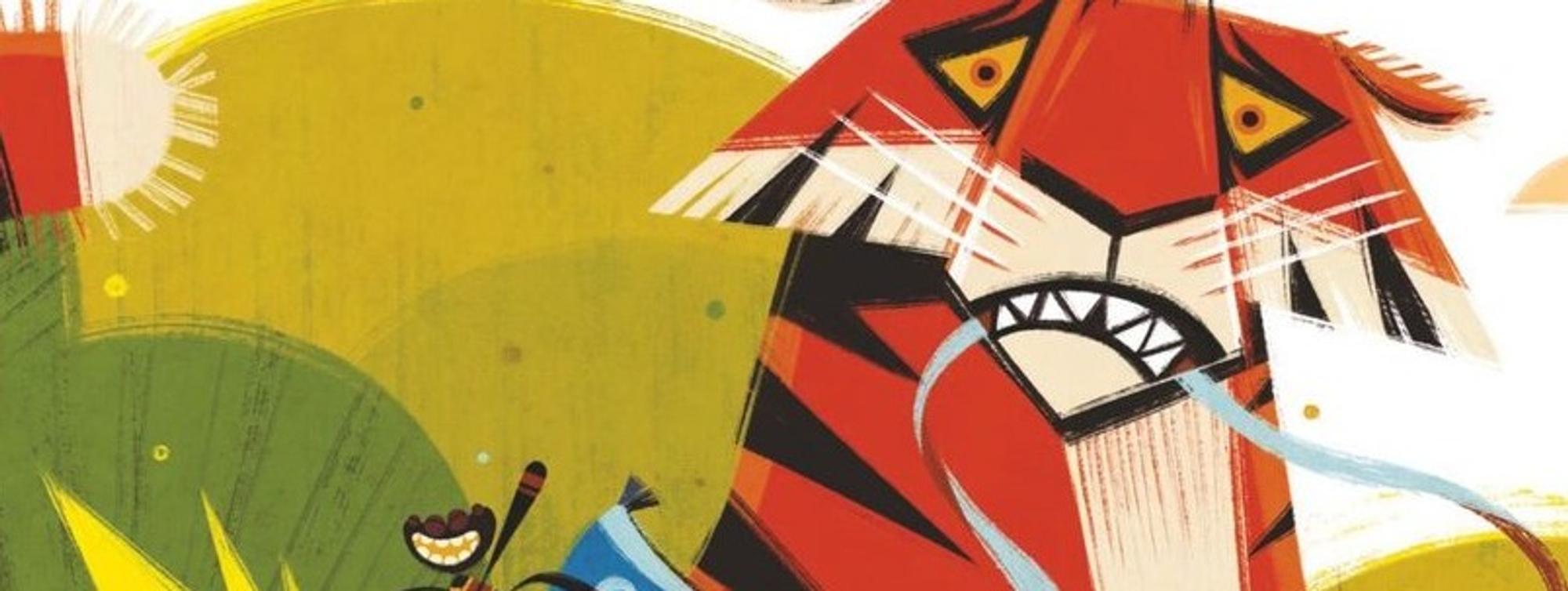Illustratie van een grote rood-oranje tijger met lange slagtanden in een groene jungle. Op de rug van de tijger zit een klein figuurtje in blauwe kleding dat een touw vasthoudt. De afbeelding is uitgevoerd in een kleurrijke, speelse kinderboekenstijl met opvallende zwarte strepen en gele accenten.