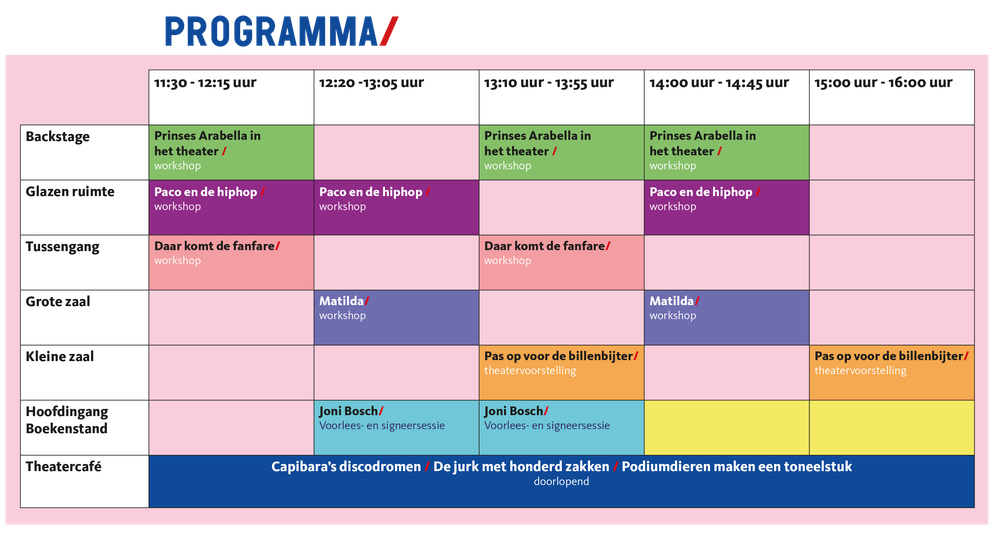Programmaschema met workshops en voorstellingen op meerdere locaties en tijden, van 11.30 tot 16.00 uur. In het overzicht staan onder meer Prinses Arabella, Paco en de hiphop, Matilda en Pas op voor de billenbijter, als onderdeel van het BoekieWoekie Festival tijdens de Kinderboekenweek 2026 in Heerlen. 
