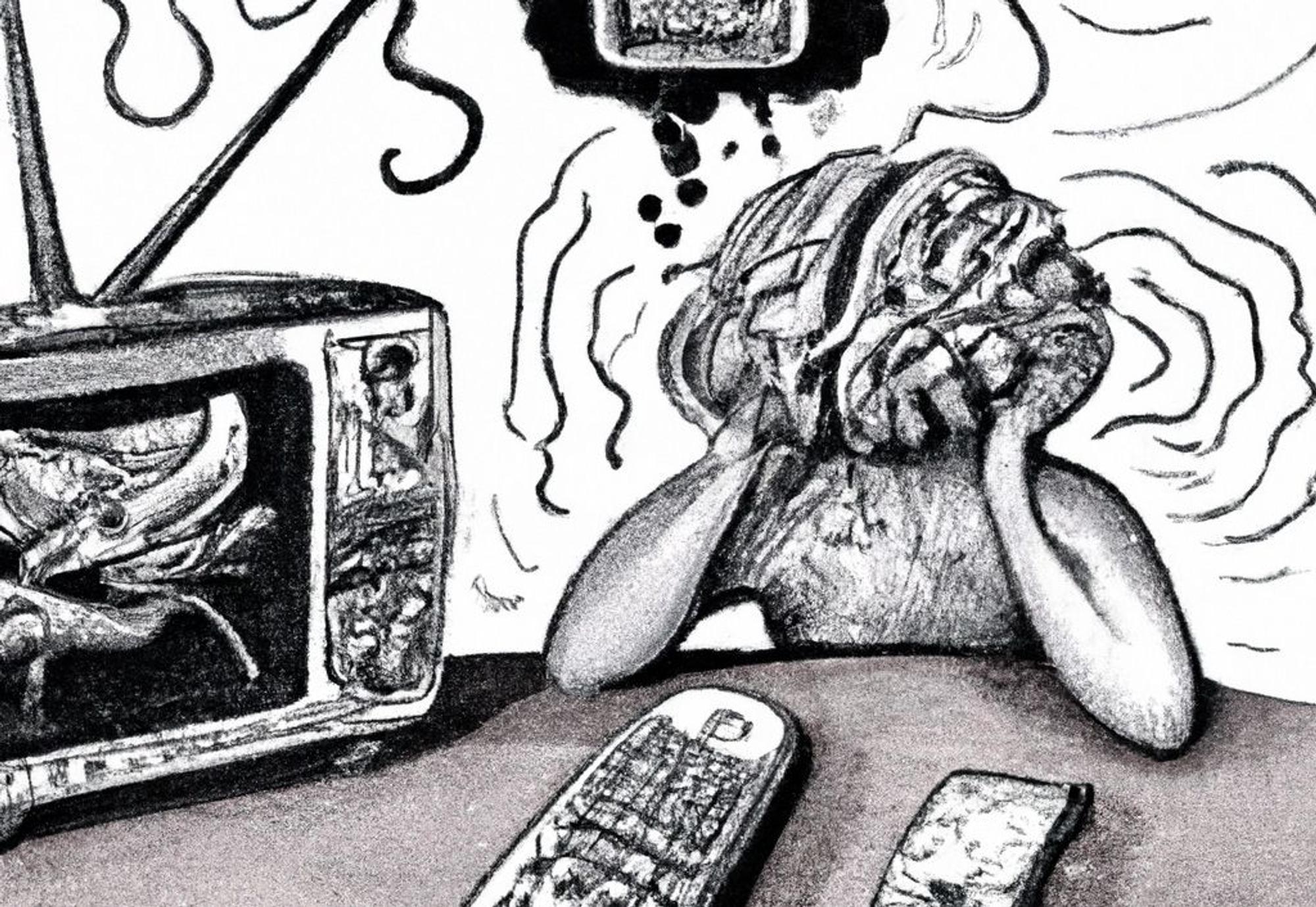 Zwartwit illustratie van figuur met golfjes om diens hoofd. Figuur zit aan bureau met televisie en telefoons. 