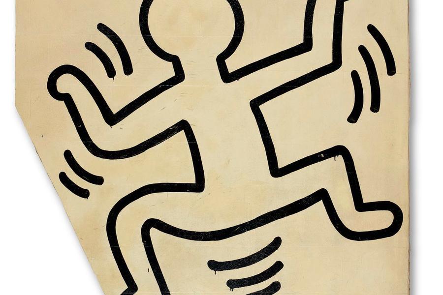 Kunstwerk van Keith Haring met een zwart omlijnd, bewegend figuurtje op een beige achtergrond met golvende lijnen die beweging suggereren.