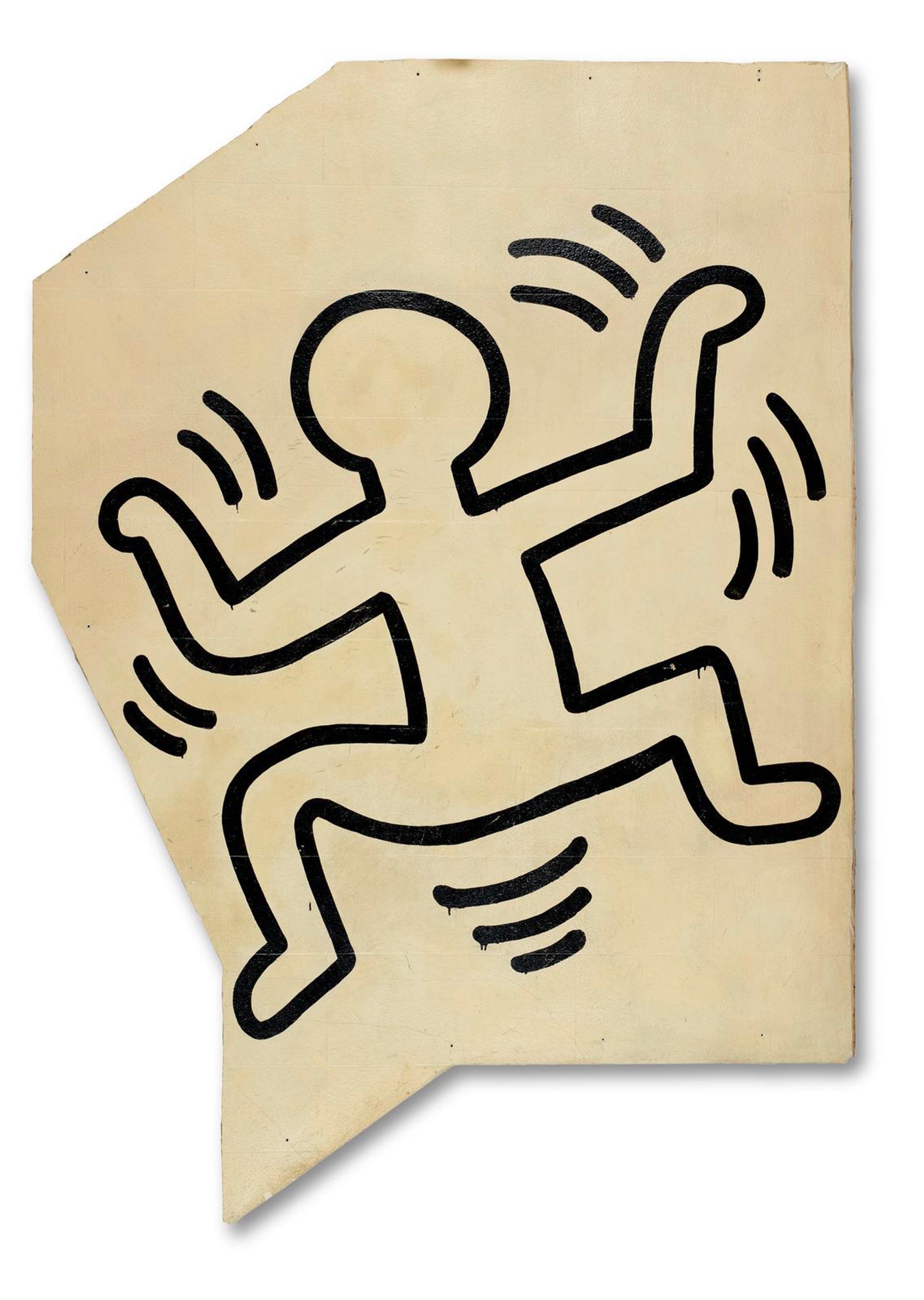 Kunstwerk van Keith Haring met een zwart omlijnd, bewegend figuurtje op een beige achtergrond met golvende lijnen die beweging suggereren.