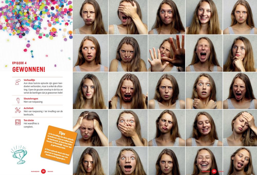 Twee pagina’s uit een educatieve publicatie van SCHUNCK. Links staat uitleg bij Episode 4, waarin leerlingen geen opdracht meer krijgen maar de eindzege vieren. Rechts een collage van twintig foto’s van dezelfde persoon met verschillende gezichtsuitdrukkingen op een grijze achtergrond.