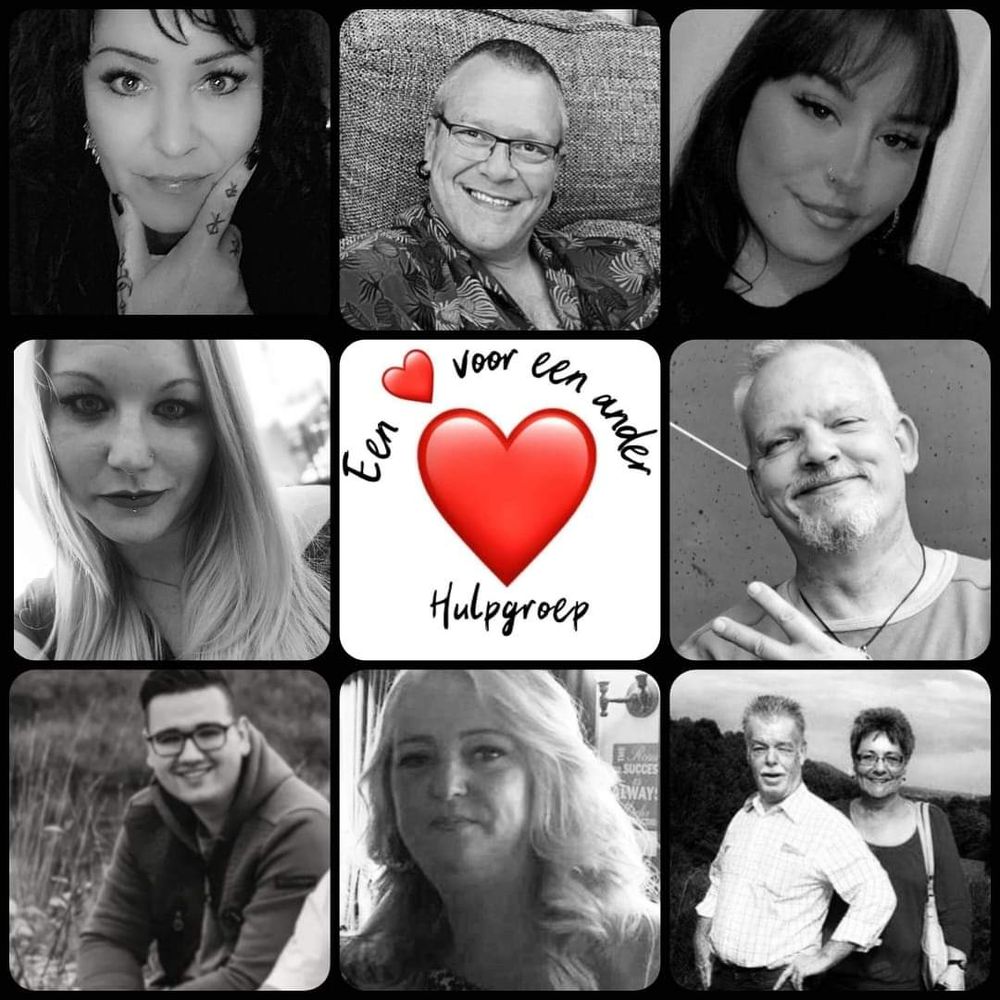 Collage van acht portretten van de hulpgroep van 'De keuze van Nancy Nijsten', met in het midden een hartje waarin de tekst staat: 'Een hart voor ander, hulpgroep.'