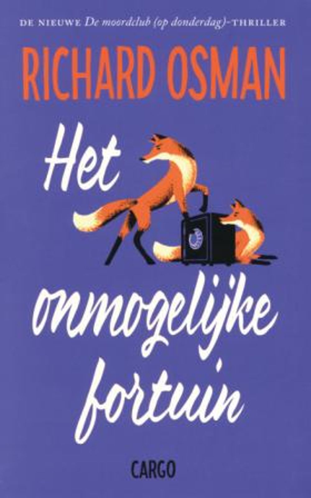 Paar vossen bij een koffer op paarse achtergrond.