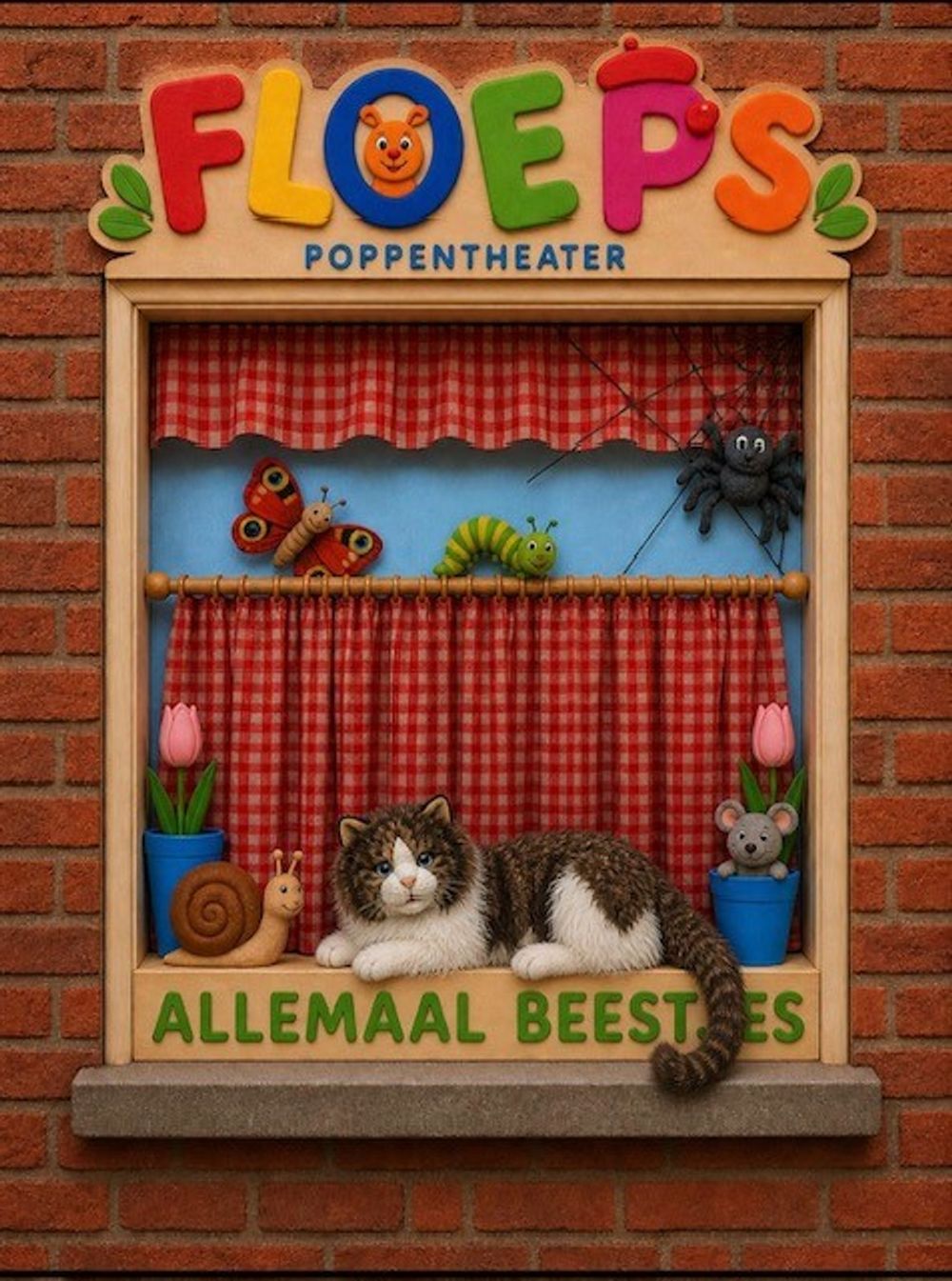 Miniatuur-poppentheater met de naam ‘FLOEPS Poppentheater’, opgebouwd als een raam in een bakstenen muur. Tussen roodgeruite gordijnen staan en hangen verschillende dierenfiguren, waaronder een kat, slak, muis, rups, vlinder en spin, passend bij het thema ‘Allemaal beestjes’.