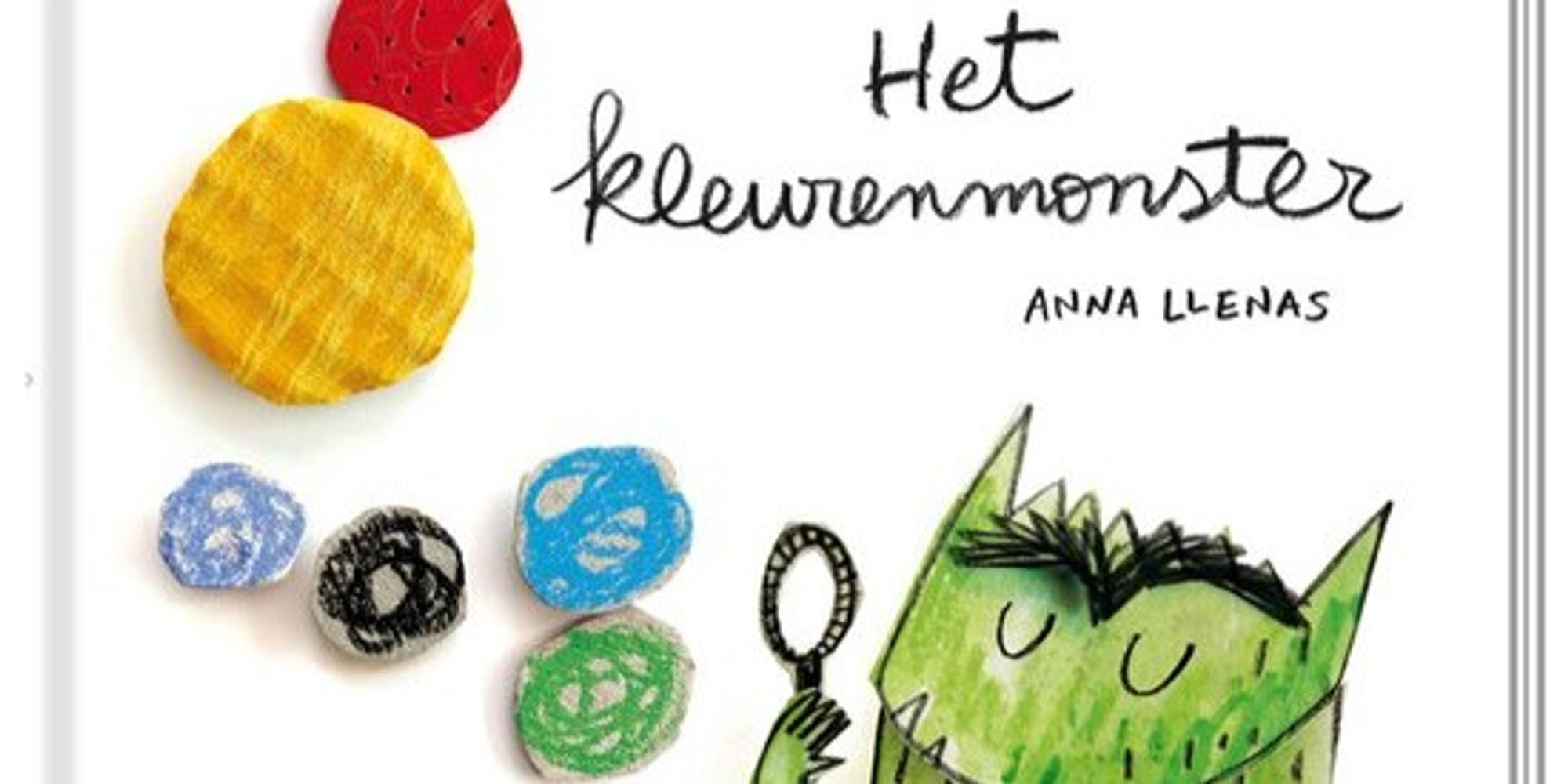 Boekomslag van 'Het kleurenmonster' van Anna Llenas. Op een witte achtergrond staat een groen getekend monster dat bellen blaast. Links boven het monster zweven kleurrijke ronde vormen in rood, geel, blauw, zwart en groen. De titel *Het kleurenmonster* en de naam van de auteur staan boven de illustratie. Onderaan staat de uitgeverij De Vier Windstreken vermeld.
