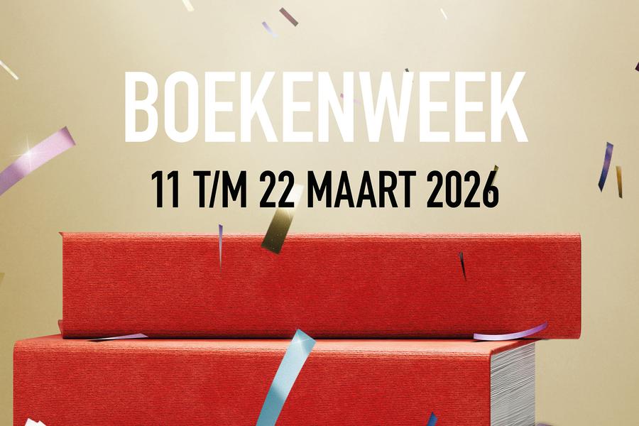 Feestelijke banner met de tekst “Boekenweek 11 t/m 22 maart 2026”, met twee rode boeken opgestapeld tegen een lichte achtergrond waar kleurrijke confetti doorheen dwarrelt.