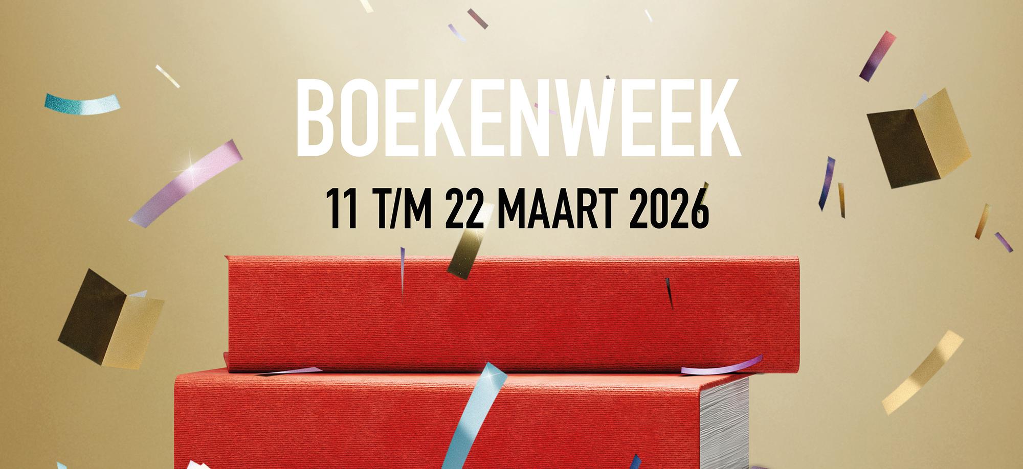 Feestelijke banner met de tekst “Boekenweek 11 t/m 22 maart 2026”, met twee rode boeken opgestapeld tegen een lichte achtergrond waar kleurrijke confetti doorheen dwarrelt.
