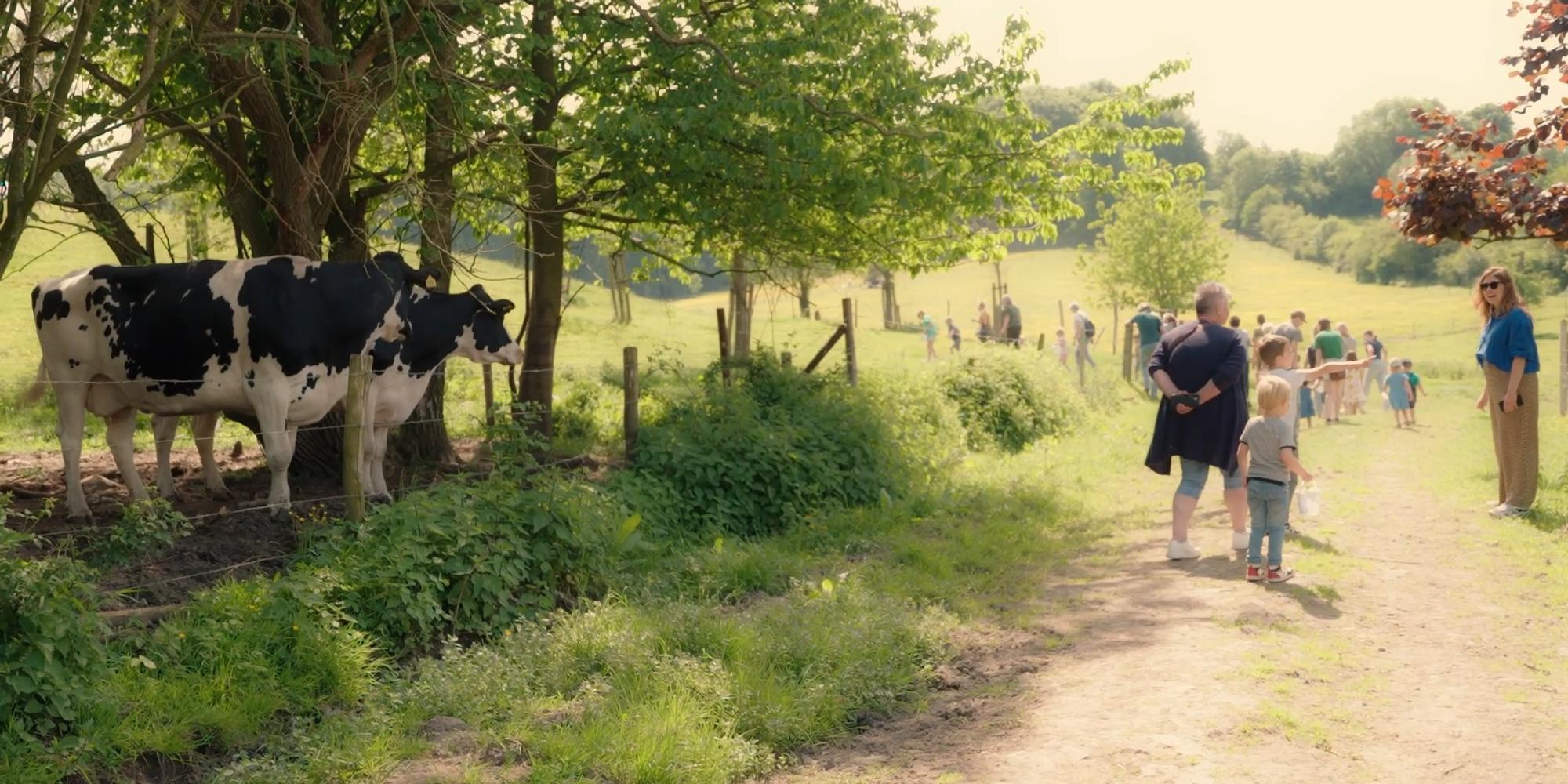 Wandelpad door een groen landschap waar meerdere groepen mensen lopen. Rechts staan enkele volwassenen met kinderen, links staan twee zwart‑bonte koeien onder de bomen naast het pad.