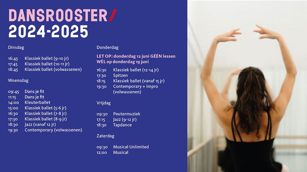 Dansrooster SCHUNCK 2024-2025 met lestijden per dag en foto van danseres bij spiegel.