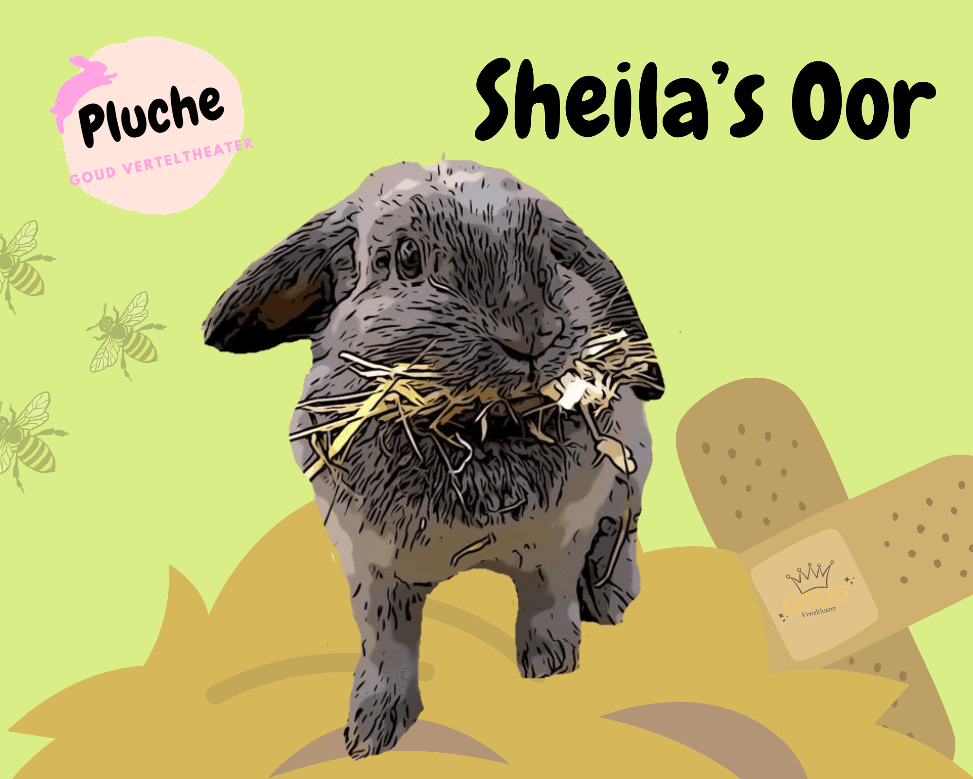 Illustratie van een grijs konijn met een pluk hooi in zijn bek, als promotiebeeld voor de kindervoorstelling Sheila's Oor van Pluche Goud Verteltheater.