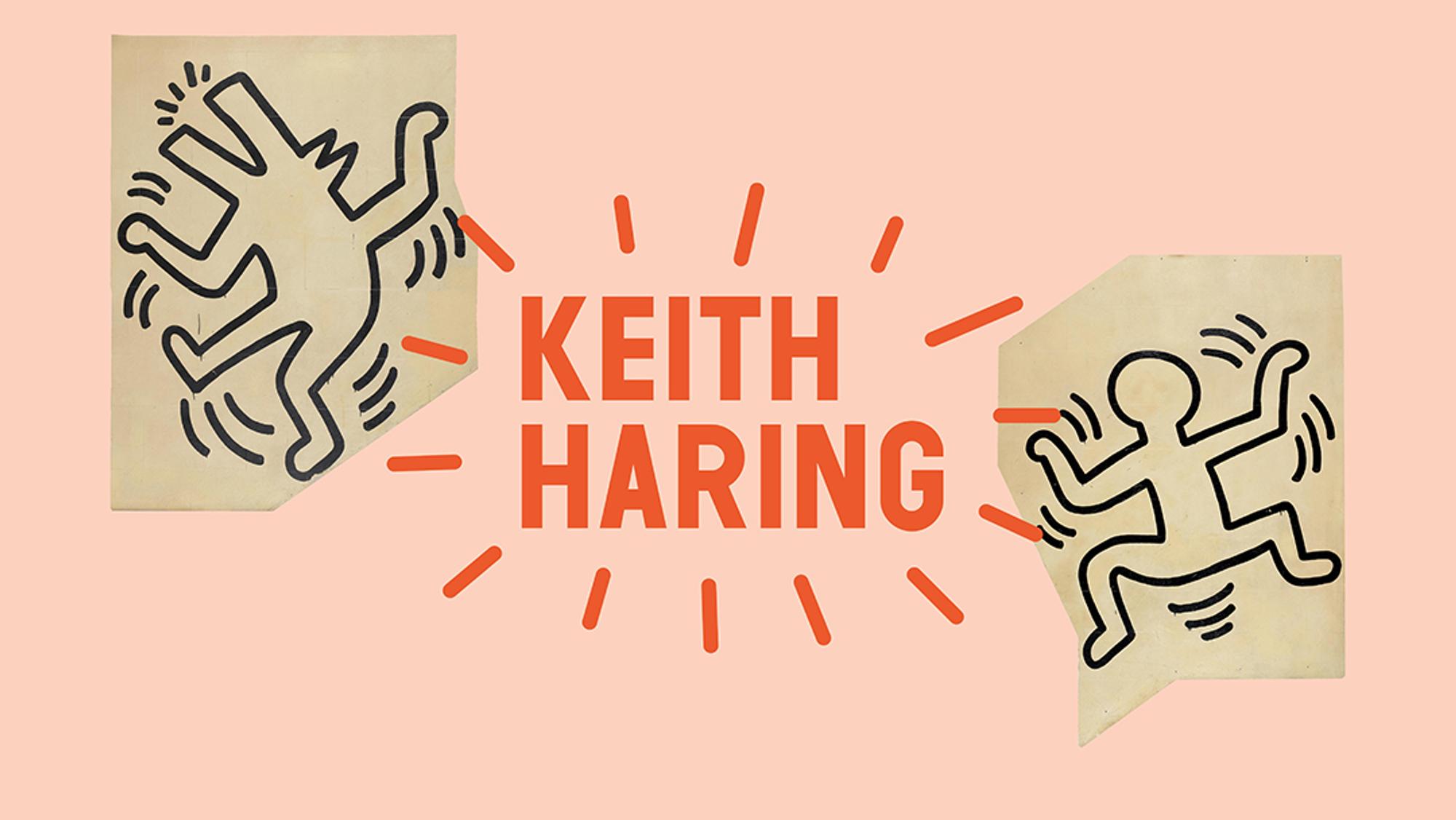 Beeld met in het midden de naam “Keith Haring” in oranje letters, omringd door stralen als zonnestralen. Links en rechts zijn dansende figuren te zien uit Haring's iconische Grace House Mural.