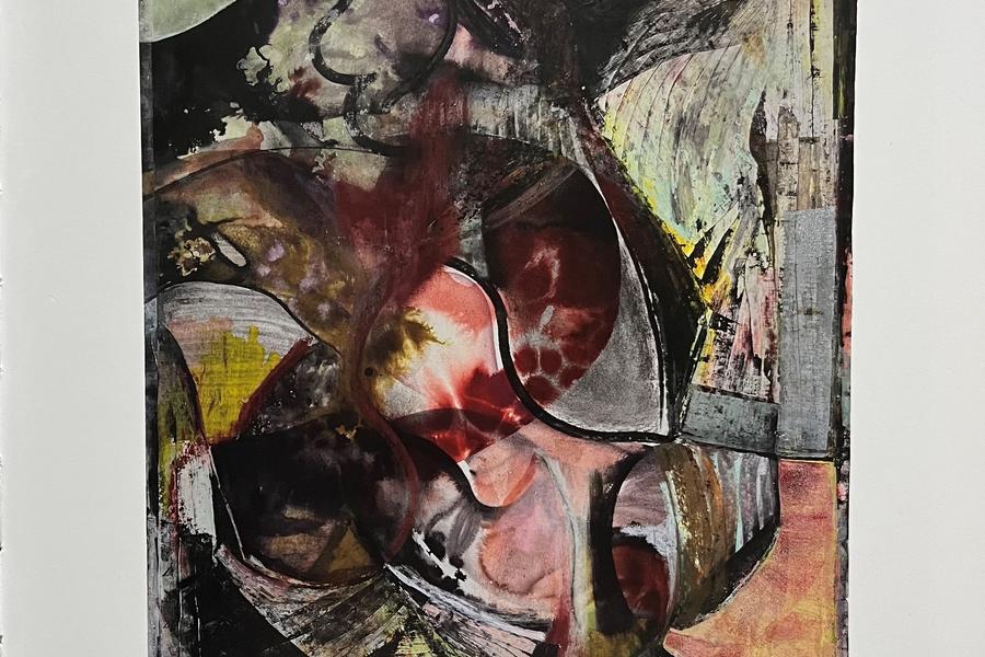 Abstracte tekening van Hadassah Emmerich met gelaagde vormen, slingerende lijnen en aardse tinten op papier.