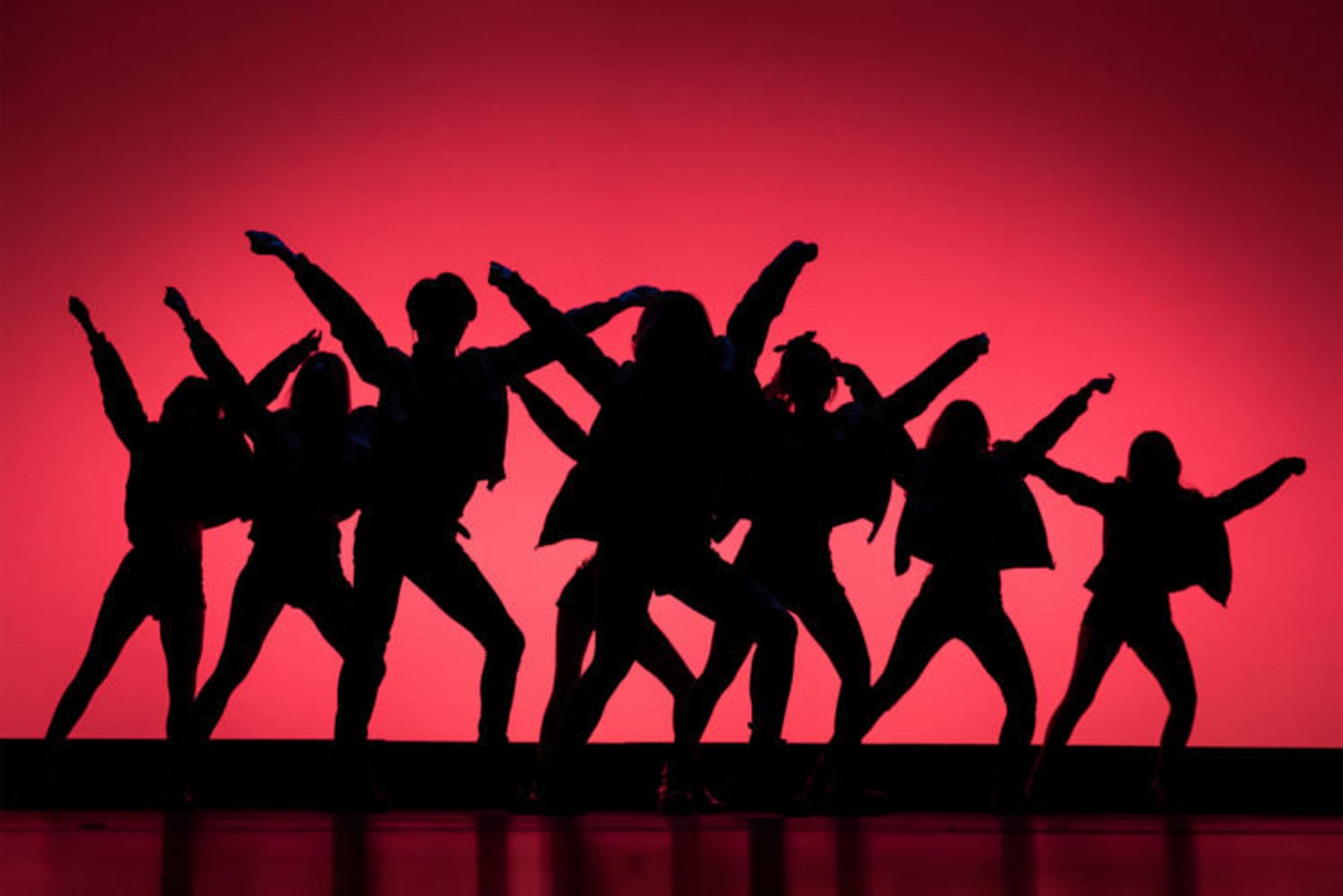 Silhouetten van een groep dansers op een podium, afgebeeld tegen een felroze tot rode achtergrond. De dansers staan in verschillende dynamische poses met uitgestrekte armen en benen, waardoor een energiek groepsbeeld ontstaat. De donkere silhouetten contrasteren sterk met de egaal verlichte achtergrond.

