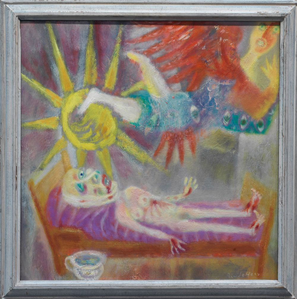 Schilderij van Aad de Haas, met een naakt figuur op een bed en een engelachtige, kleurrijke verschijning erboven, omgeven door felle, symbolische vormen zoals een stralende zon.