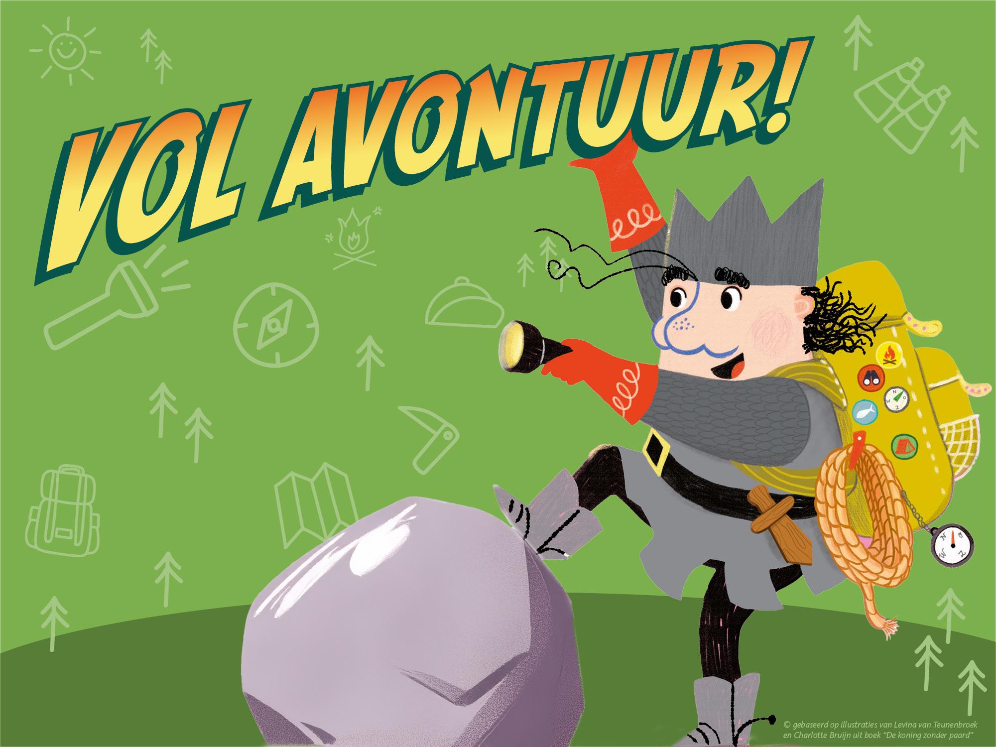 Illustratie van een avontuurlijke persoon met grijze hoed en cape, met een grote gele rugzak. De persoon staat met één voet op een rots en houdt een zaklamp vast. Op de achtergrond staat de tekst 'VOL AVONTUUR!' met pictogrammen van kampeer- en wandeluitrusting zoals een kompas, rugzak en tent.