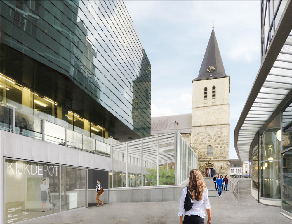 Impressie SCHUNCK Glaspaleis Atrium kijkdepot, bezoekers wandelen langs het Atrium. 