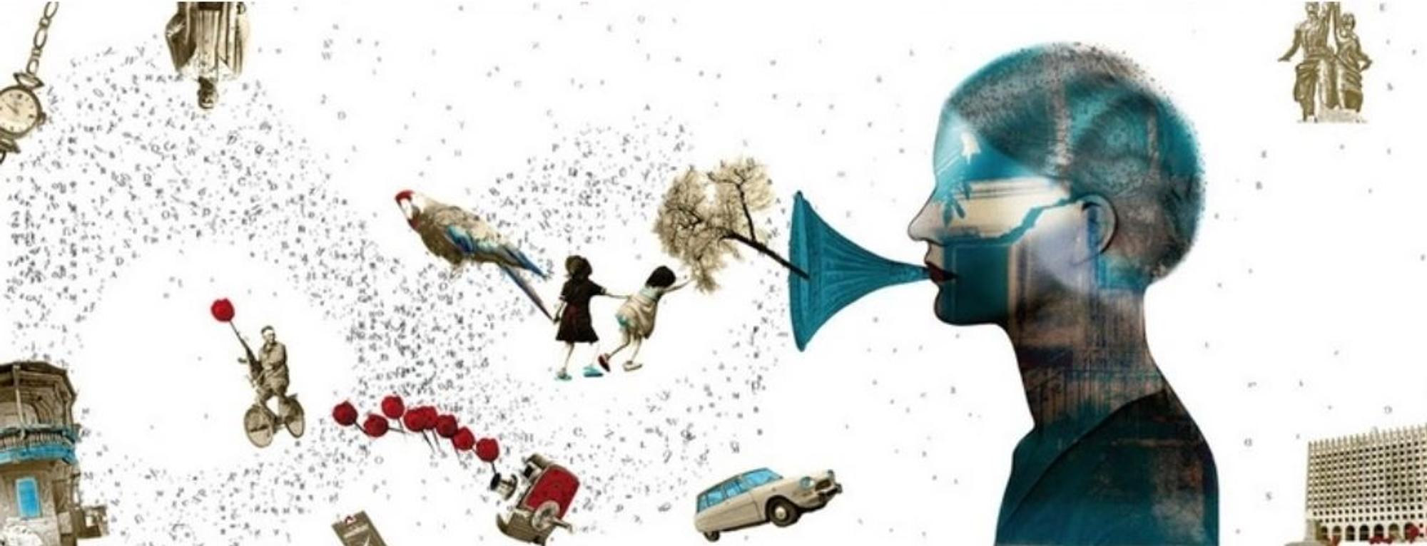 Surrealistische collage van een persoon die via een megafoon woorden uitspreekt, omringd door zwevende objecten zoals vogels, kinderen, een boom en een auto.
