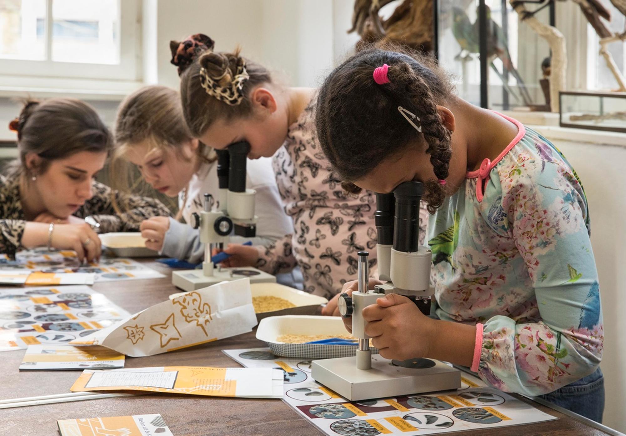 Kinderen gebruiken microscopen aan een tafel met educatief materiaal en monsters.