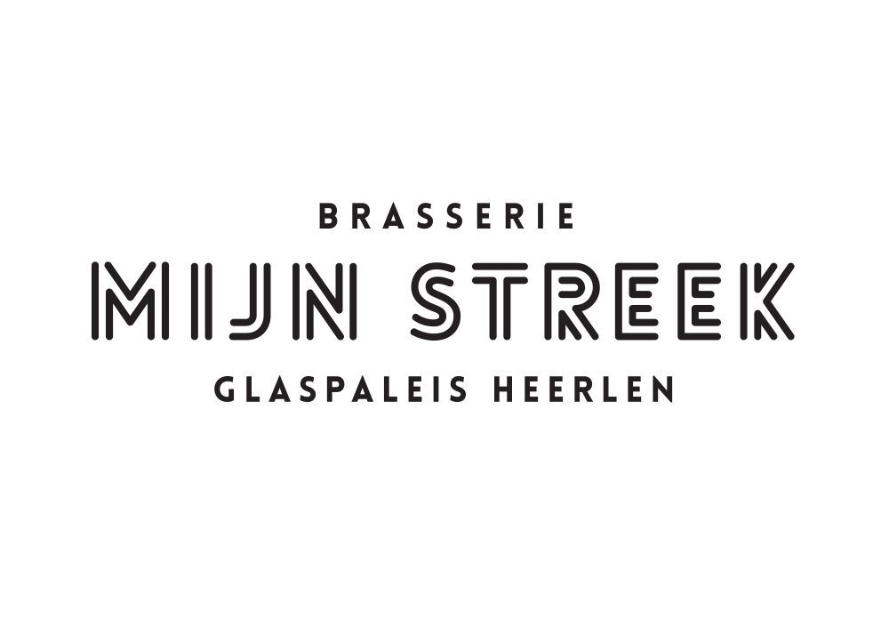 Logo van Brasserie Mijn Streek met de tekst in zwart gestileerde hoofdletters en de ondertitel Glaspaleis Heerlen in een strak lettertype.
